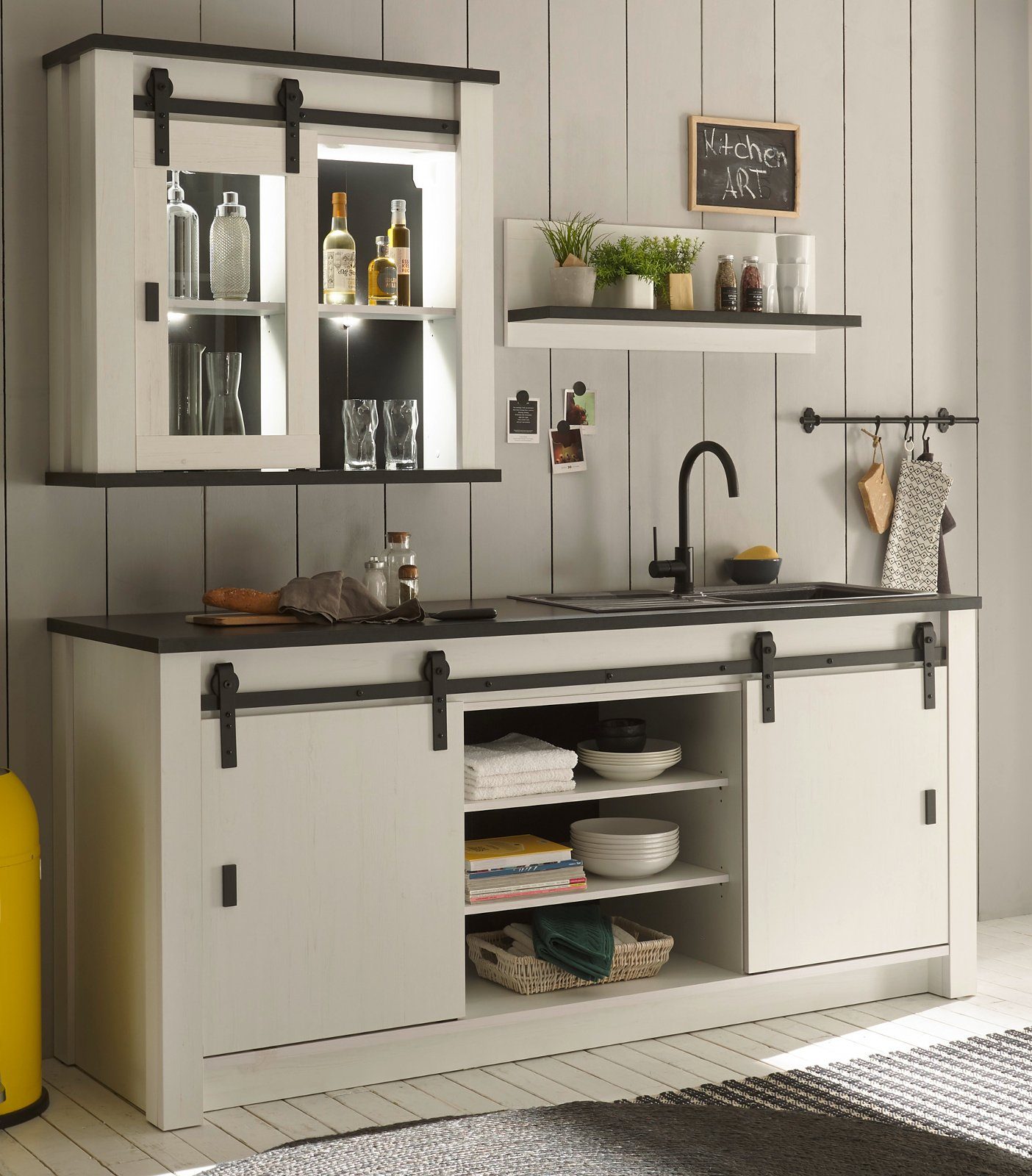 Furn.Design Küchenbuffet Stove (Küchenzeile weiß Pinie Landhaus, 3-St., Set Breite 200 cm) mit Schwebetüren
