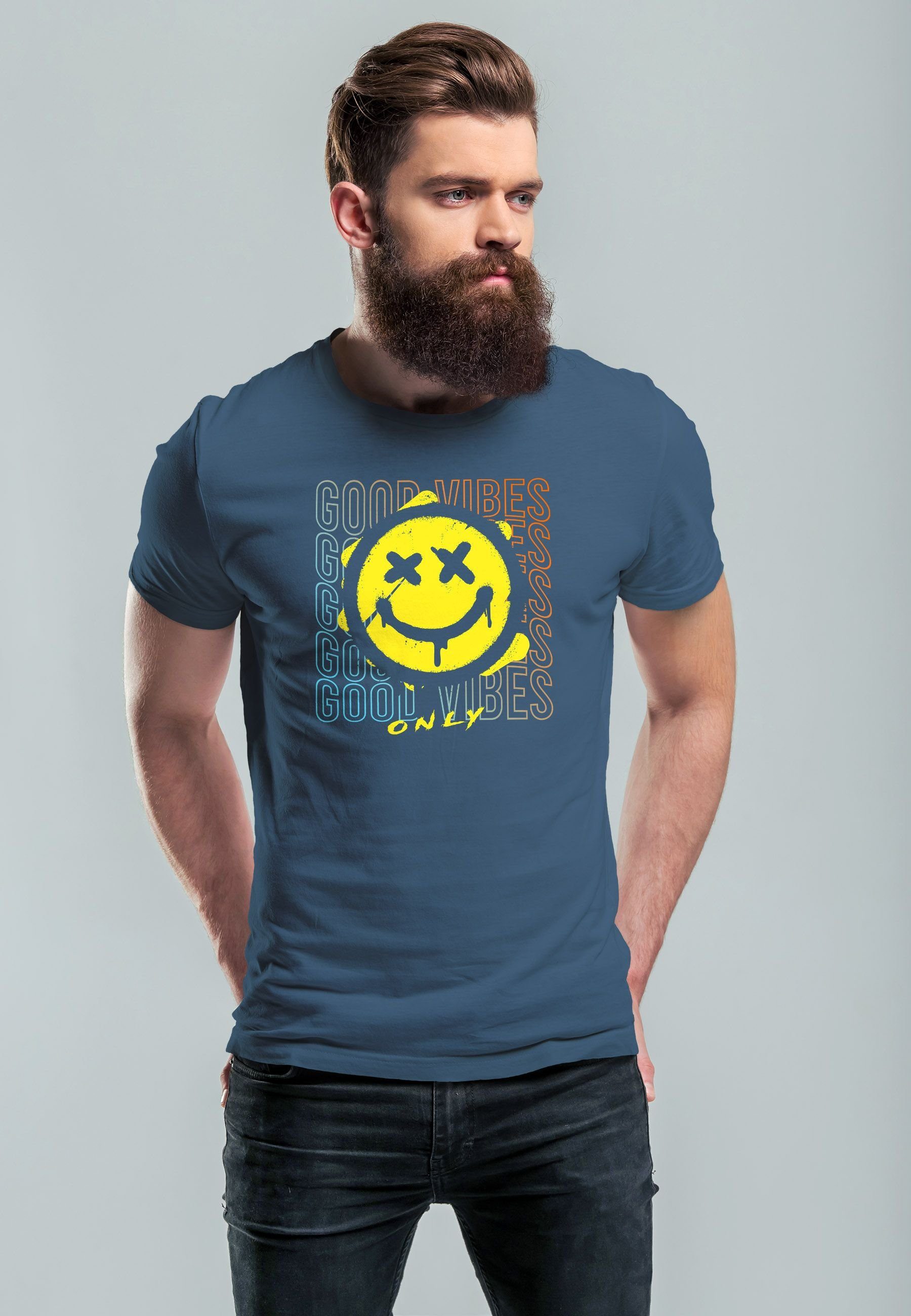 Print-Shirt blue Print Teachwe Aufdruck Face Vibes Smiling Neverless T-Shirt Bedruckt denim Good mit Herren Print