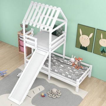 SOFTWEARY Kinderbett Hausbett mit Lattenrost, Spielturm, Rutsche und Leiter (90x200 cm), Holzbett, Einzelbett