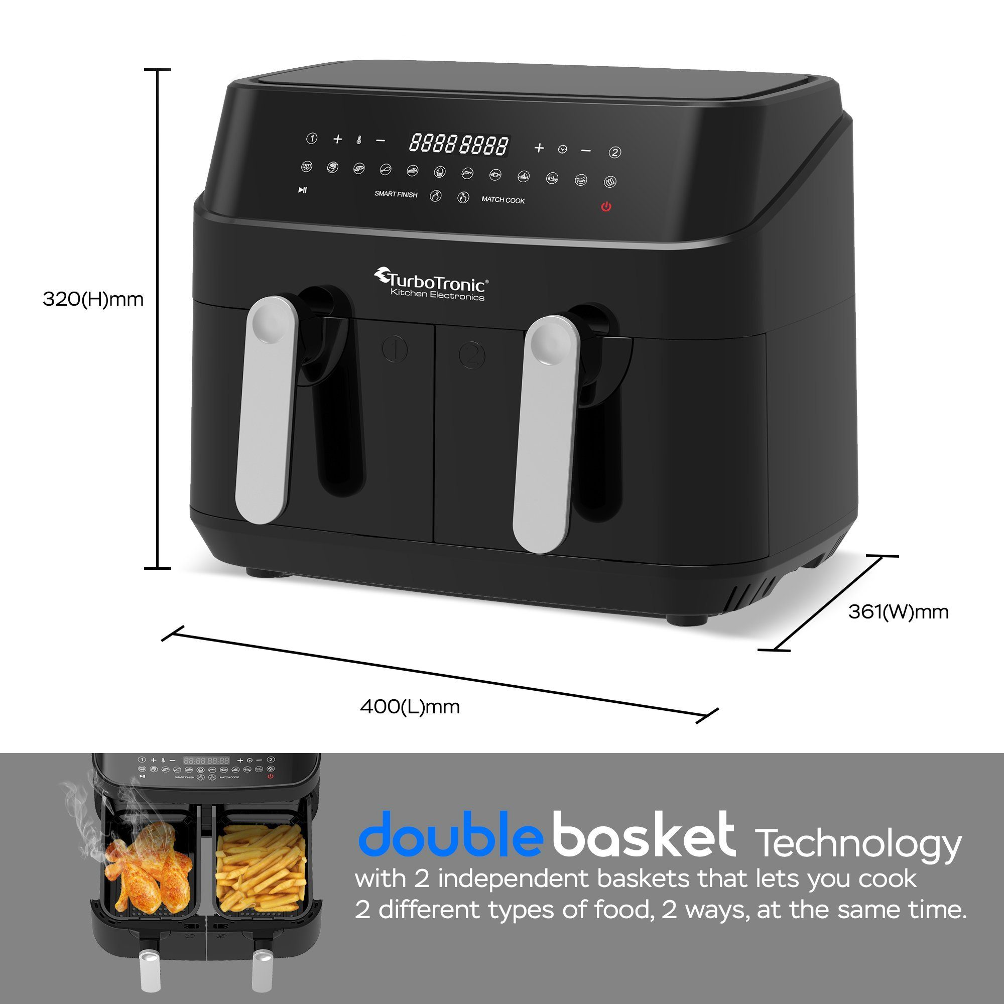 TurboTronic by Z-Line Heißluftfritteuse XL Doppelkammer 12in1 Dual Airfryer 2x 0,5 kg 200°C Power Pizza Grill, 1600 W, gesundes kochen Fritteuse ohne Fett digital Friteuse Camping