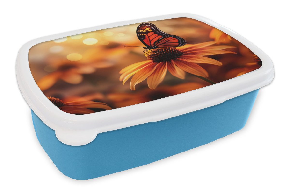 MuchoWow Lunchbox Schmetterling - Blumen - Orange, Kunststoff, (2-tlg), Brotdose, Lunchbox, Brotbox für Kinder und Erwachsene