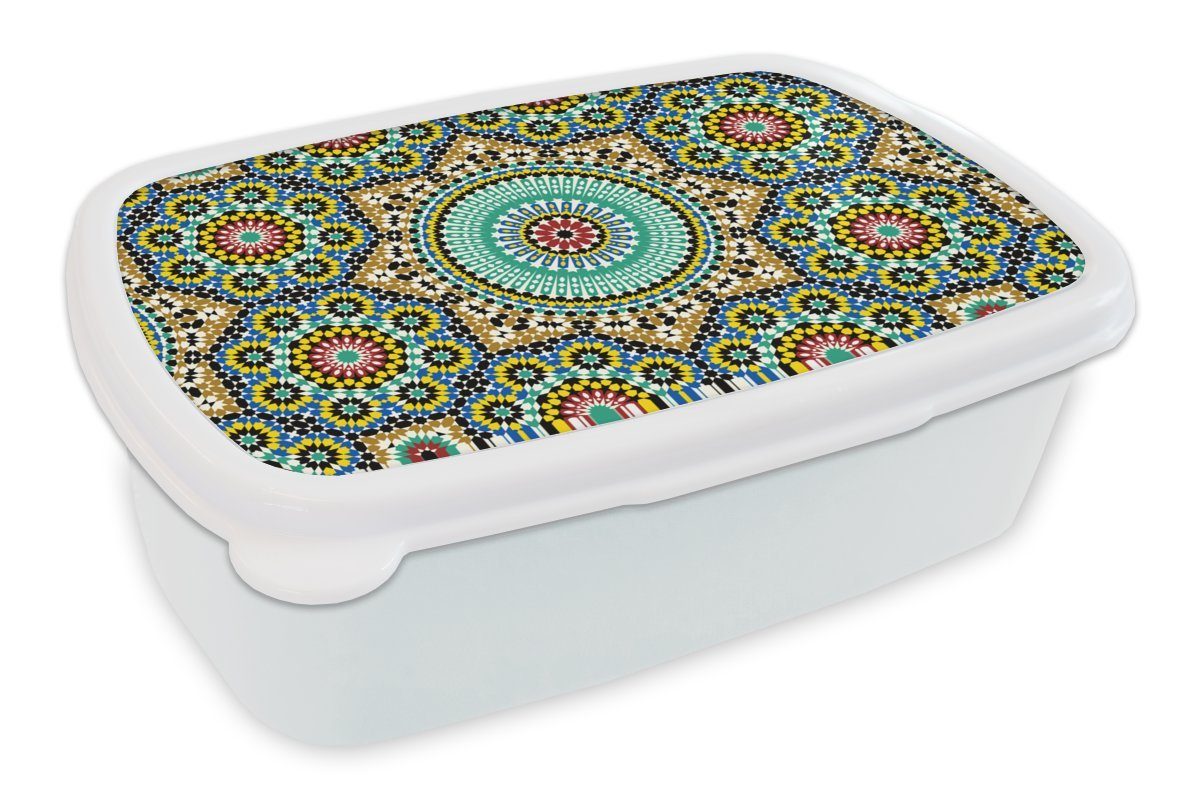 MuchoWow Lunchbox Mosaik und - Mandala, für - Kunststoff, Brotdose, Kinder Erwachsene, (2-tlg), Mädchen weiß Brotbox für und Muster Jungs