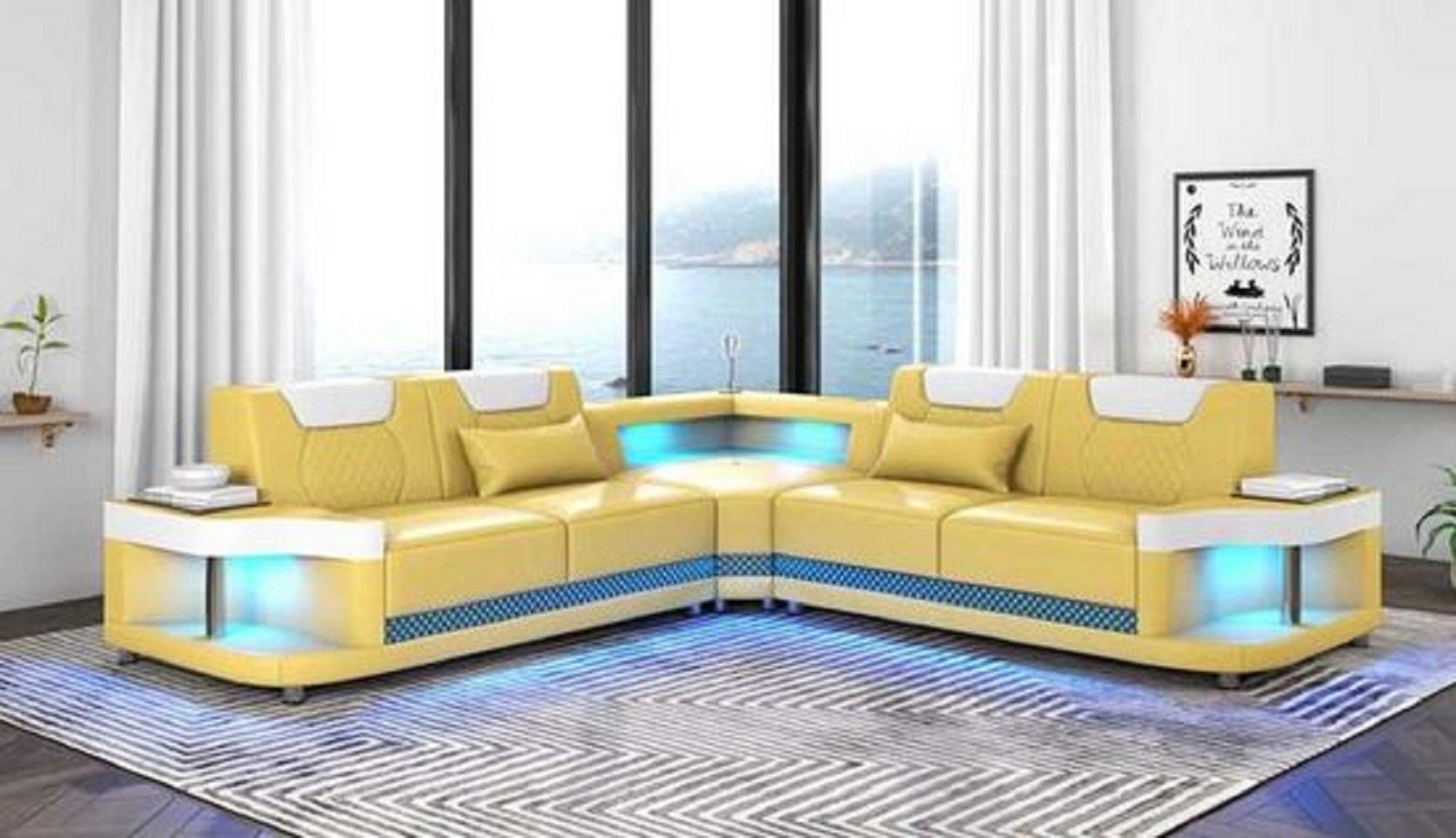 Teile, Form Eckgarnitur mit Ecksofa LED, Luxus Moderne Couch Made L Ecksofa 3 Europe Sofa Gelb/Weiß JVmoebel in