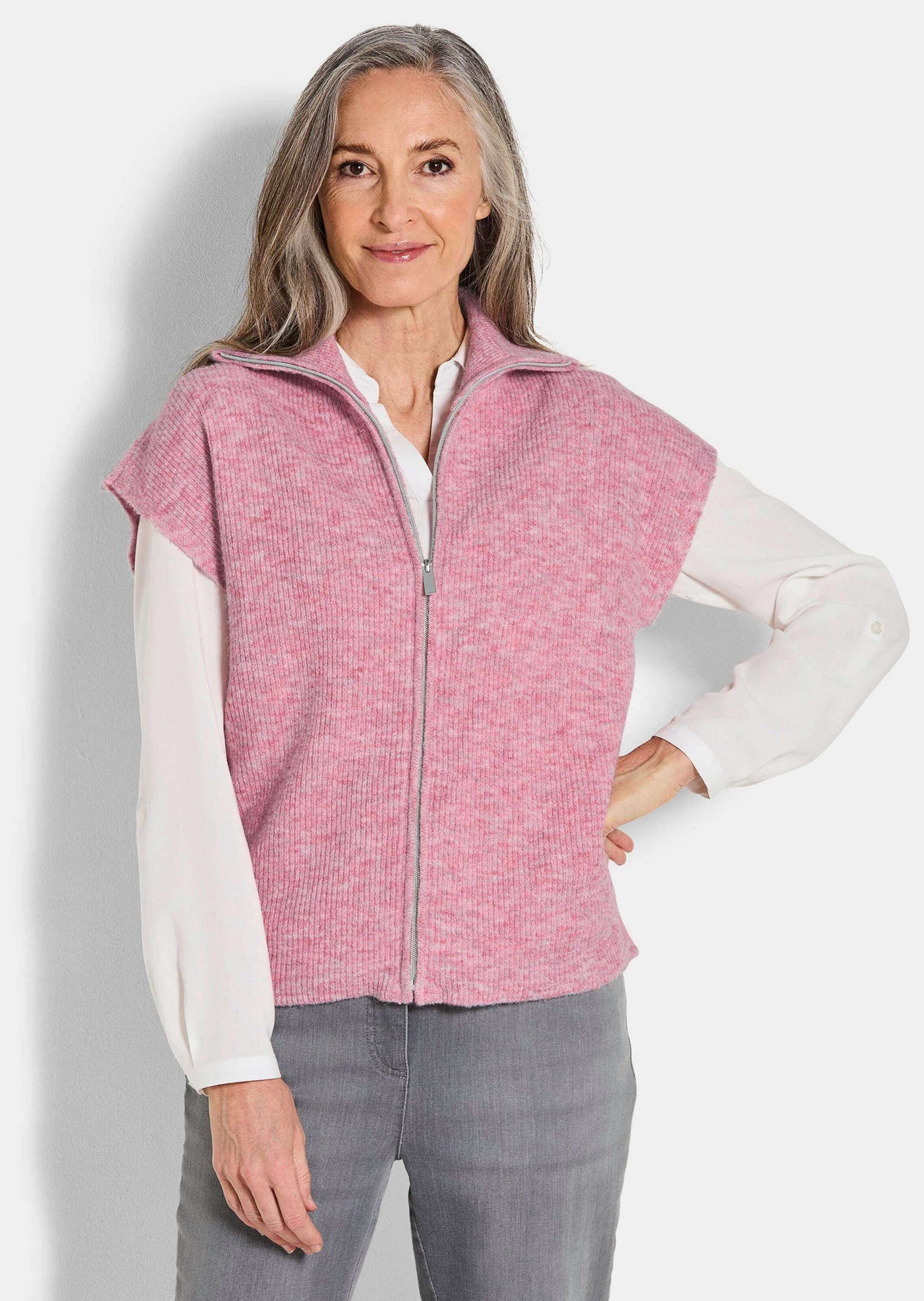 GOLDNER Kurzweste Melierte Weste mit Reißverschluss Feinstrick-Weste mit vielseitigem Kragen und überschnittenen Schultern