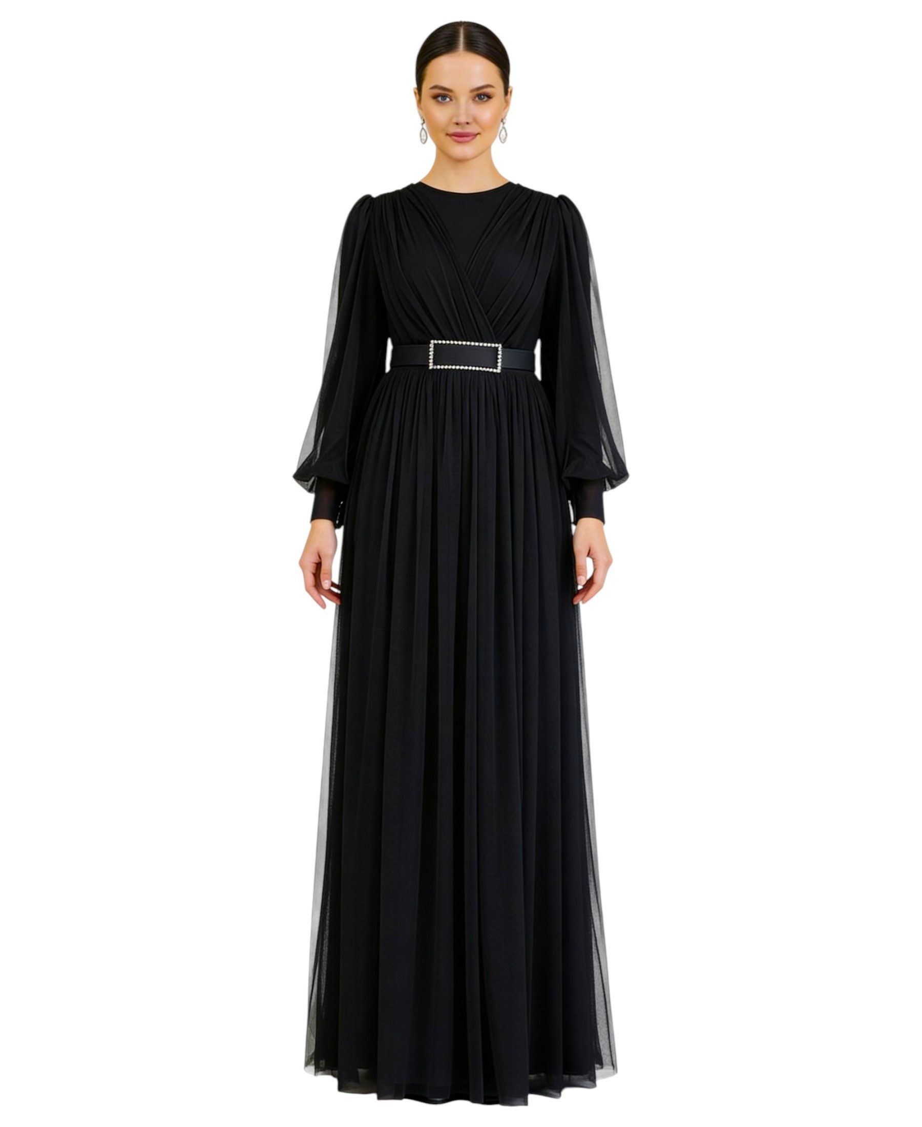 fashionshowcase Abendkleid Damen Maxikleid langarm Tüllkleid elegant mit Gürtel Modest Fashion Fließender Plissee-Rock mit taillierendem Gürtel
