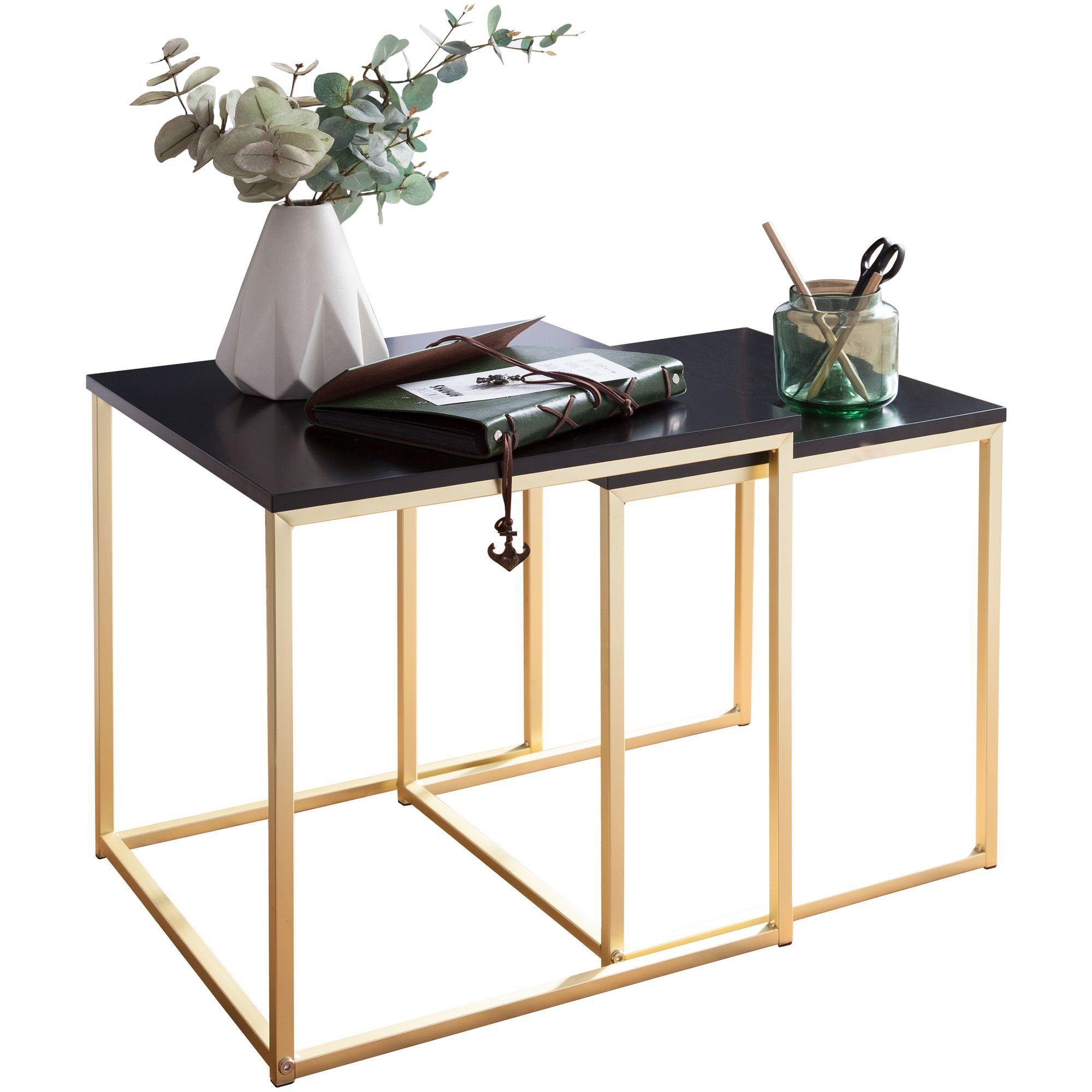 möbelando Satztisch Satztisch aus Satztisch modern Ablagetisch CHUR Couchtisch MDF, Gold Beistelltisch Gold Metall, Set Schwarz Beistelltisch Kleiner Metalltisch MDF mit Tischen, / 2 / Holzplatte, Wohnzimmertisch, / Schwarz CHUR