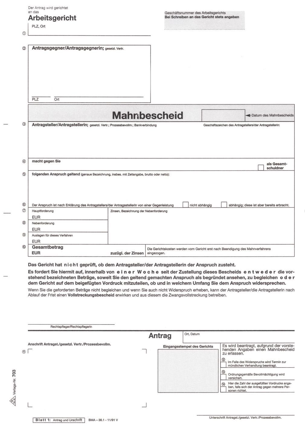 Formularblock 703 Antrag Mahn- und Vollstreckungsbescheid Arbeitsgericht SD 1x5 Blat