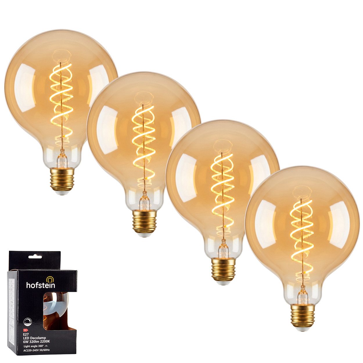 hofstein LED-Leuchtmittel 4er Set Glühbirne Extra Warmweiß dimmbar 6 Watt, E27, 2200 Kelvin, 320 Lumen, Globe Vintage, Filament Spirale, Amber