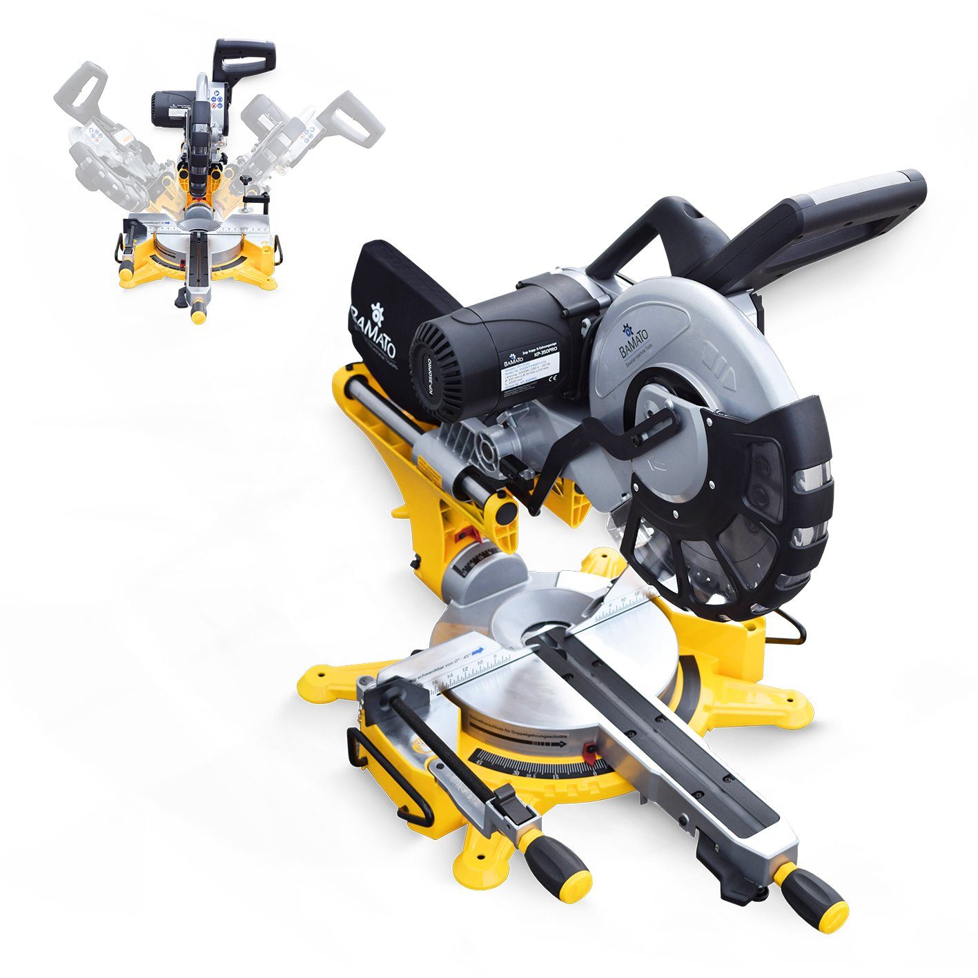 BAMATO Zug-, Kapp- und Gehrungssäge KP-350PRO Kappsäge 2000W Zugsäge 105mm Schnitthöhe Doppelgehrung, 1-St., beidseitig schwenkbar, neigbar, Laser, Sanftanlauf