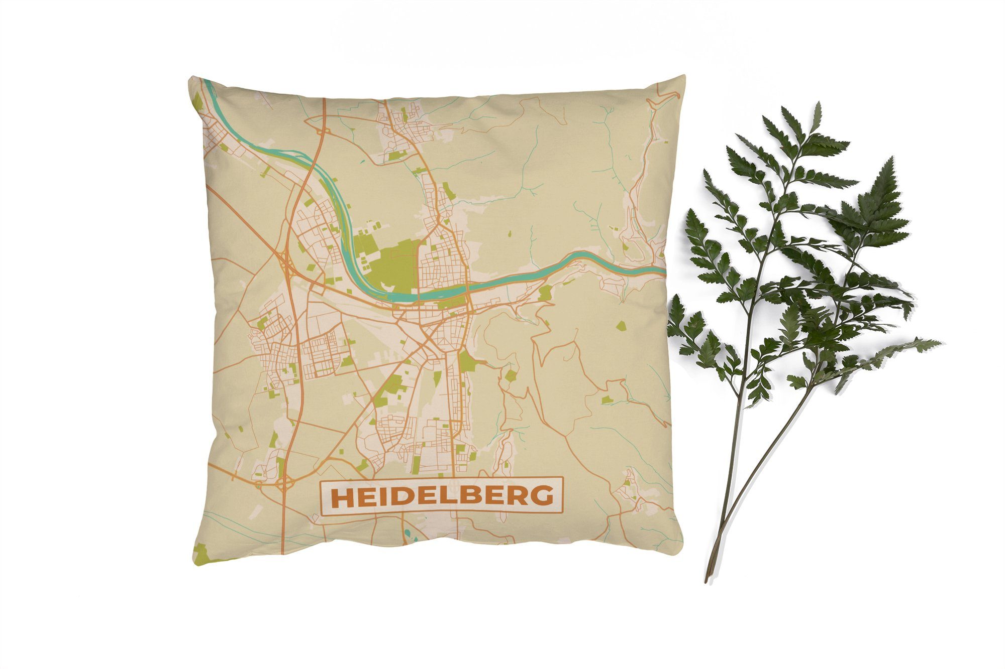 Dekokissen mit - Sofakissen Vintage, Zierkissen Stadtplan Heidelberg MuchoWow Schlafzimmer, - - Stadtplan Füllung Wohzimmer, für Deko,