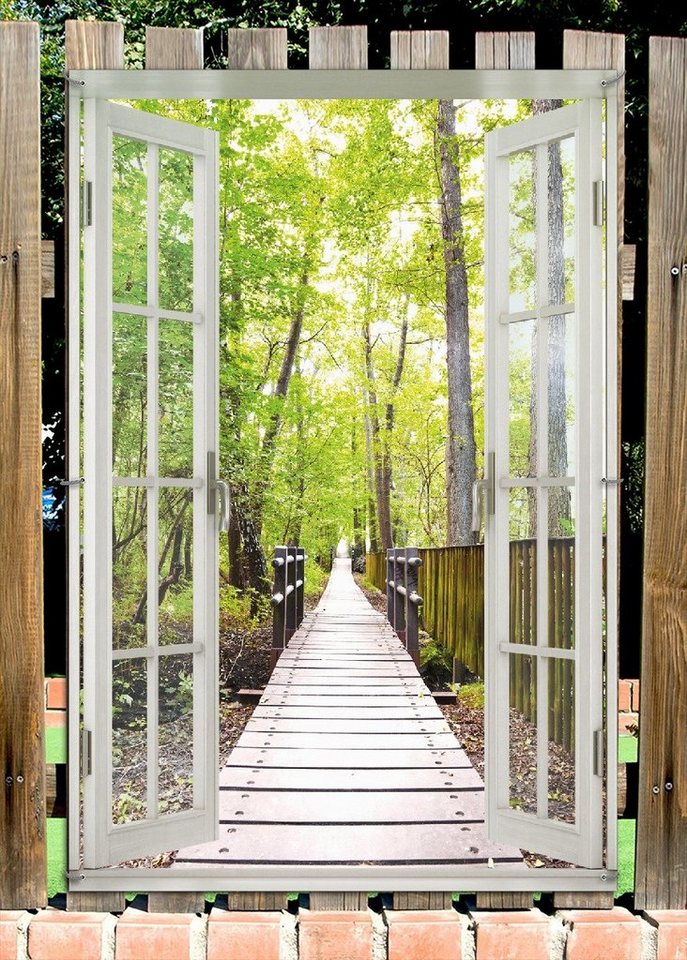 Thumbnail - Wallario Sichtschutzzaunmatten Spaziergang im Wald Holzweg über einen Fluss, mit Fenster-Illusion