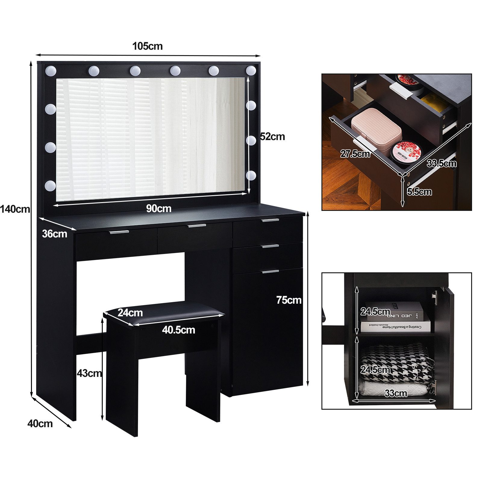 Ofcasa Schminktisch mit LED Beleuchtung, 105x40x140cm günstig online kaufen
