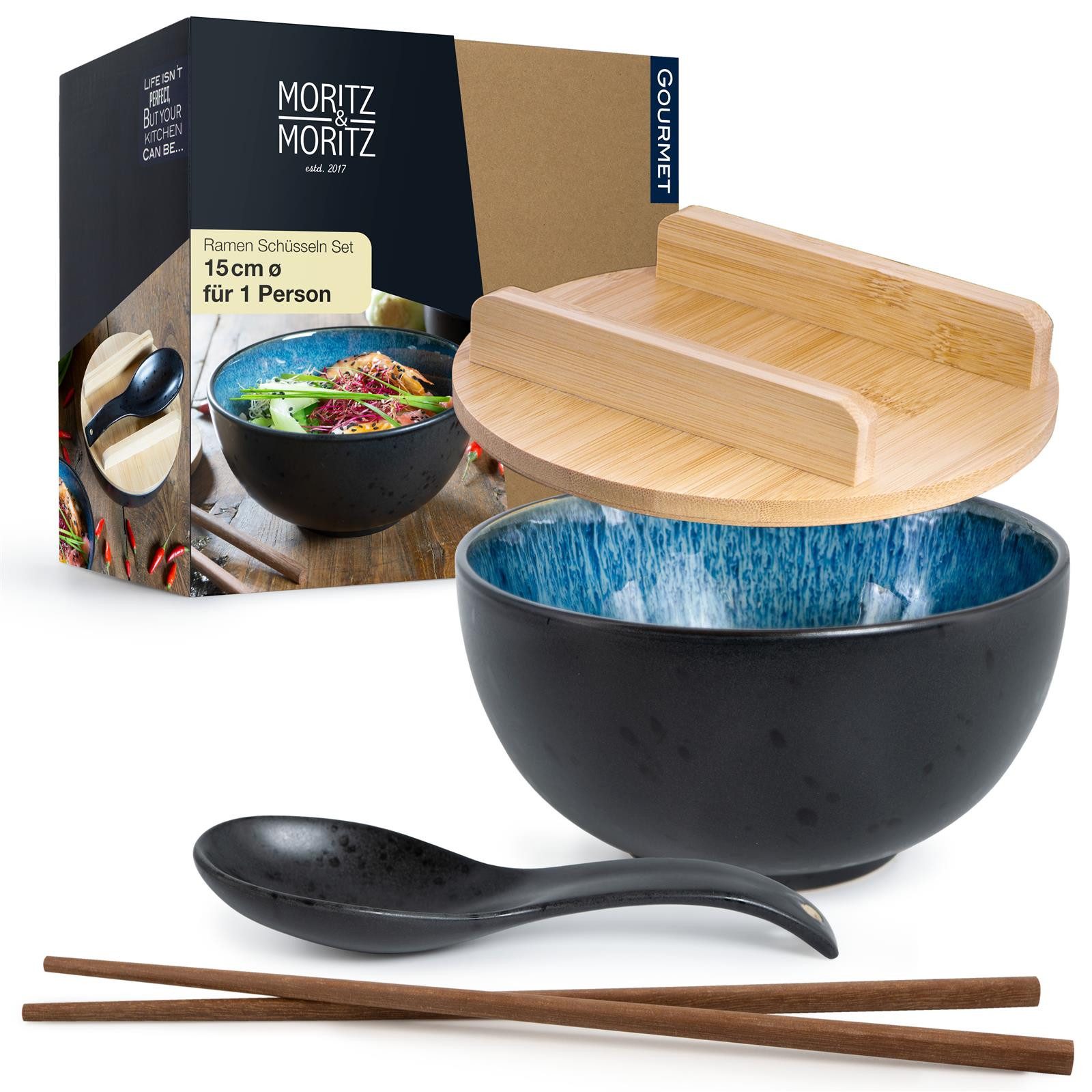 Moritz & Moritz Suppenschüssel Moritz & Moritz SOLID Ramen Blau, Keramik, (1 Person, 5-tlg), Ramen Bowl Set