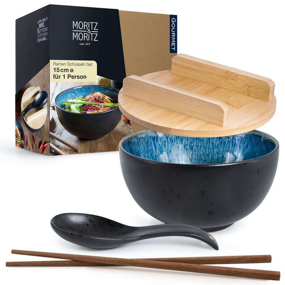 Moritz & Moritz Suppenschüssel Moritz & Moritz SOLID Ramen Blau, Keramik, (1 Person, 5-tlg), Ramen Bowl Set, Suppentasse, Suppenschale