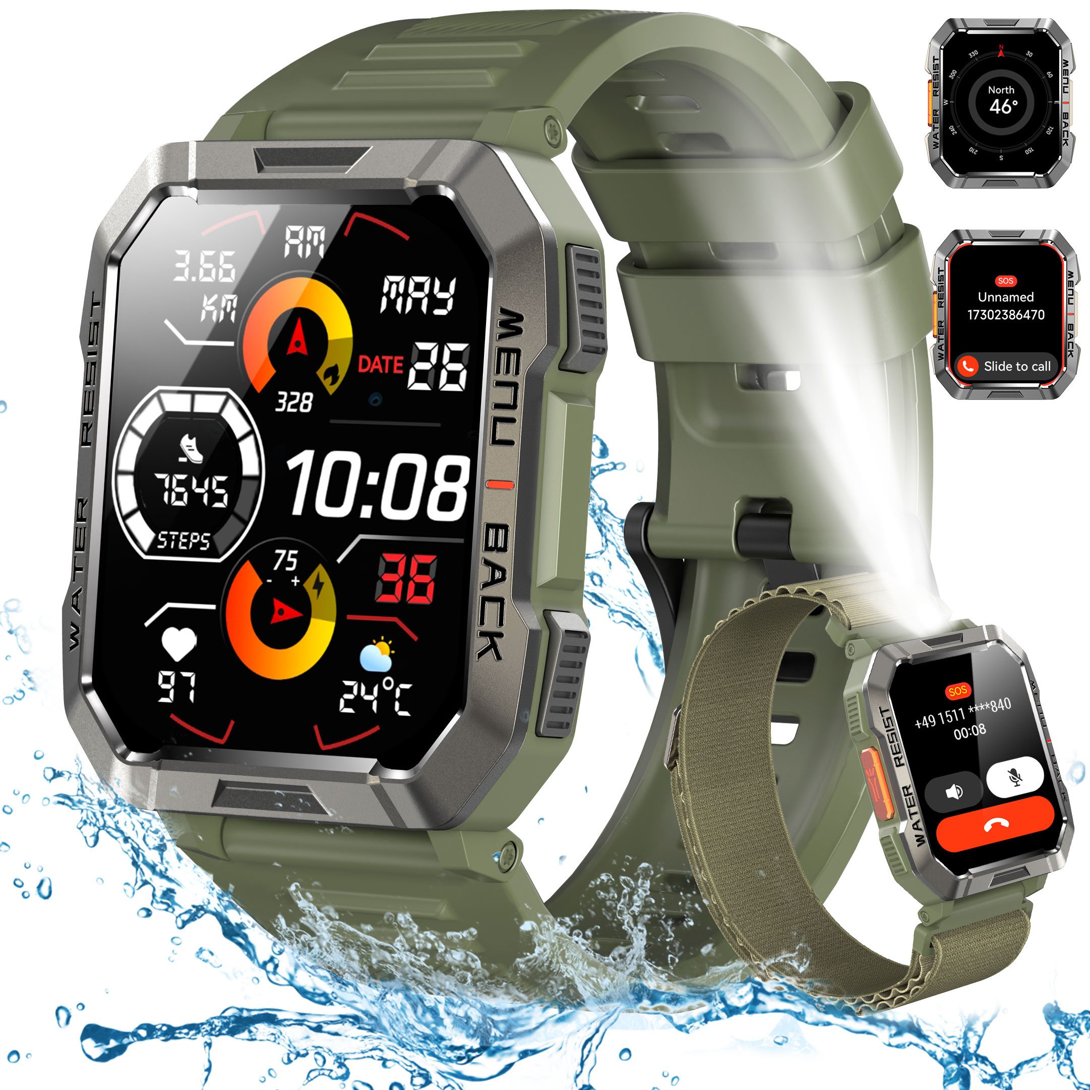 blackview Smartwatch Herren Militär,LEDTaschenlampe/Kompass/2 Armbänders/Outdoor Smartwatch (2.01 Zoll, iOS/Android), 2 Armbänder 1 Ladekabel, Anruffunktion,30Tage Akkulaufzeit,Schrittzähler,Wettervorhersagen,IP68
