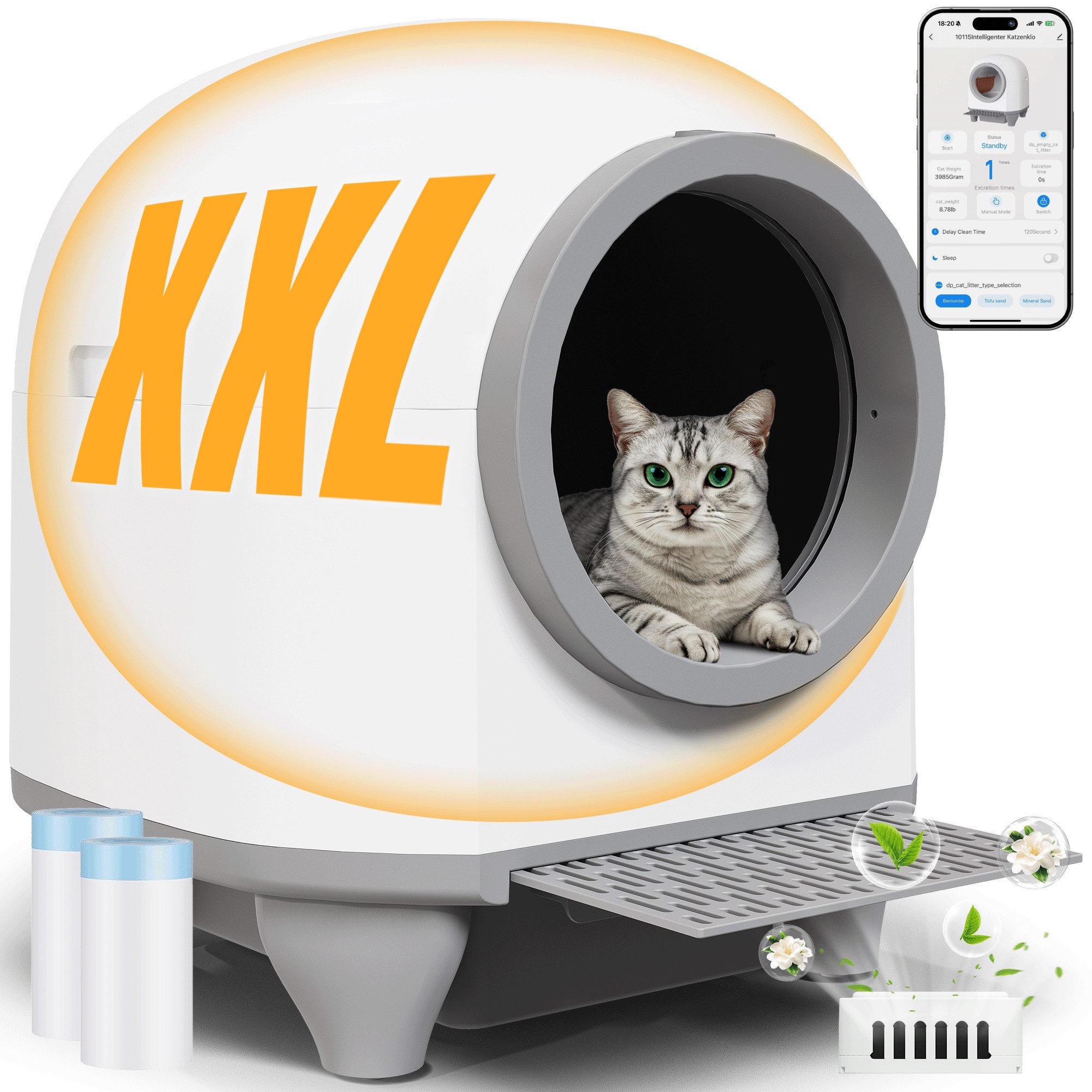 HOMALL Katzentoilette 90L Selbstreinigende Elektrisches Katzenklo XXL mit App-Steuerung, 90L+8.5L Große,Geruchsbeseitigung,sicher,für Mehrere Katzen