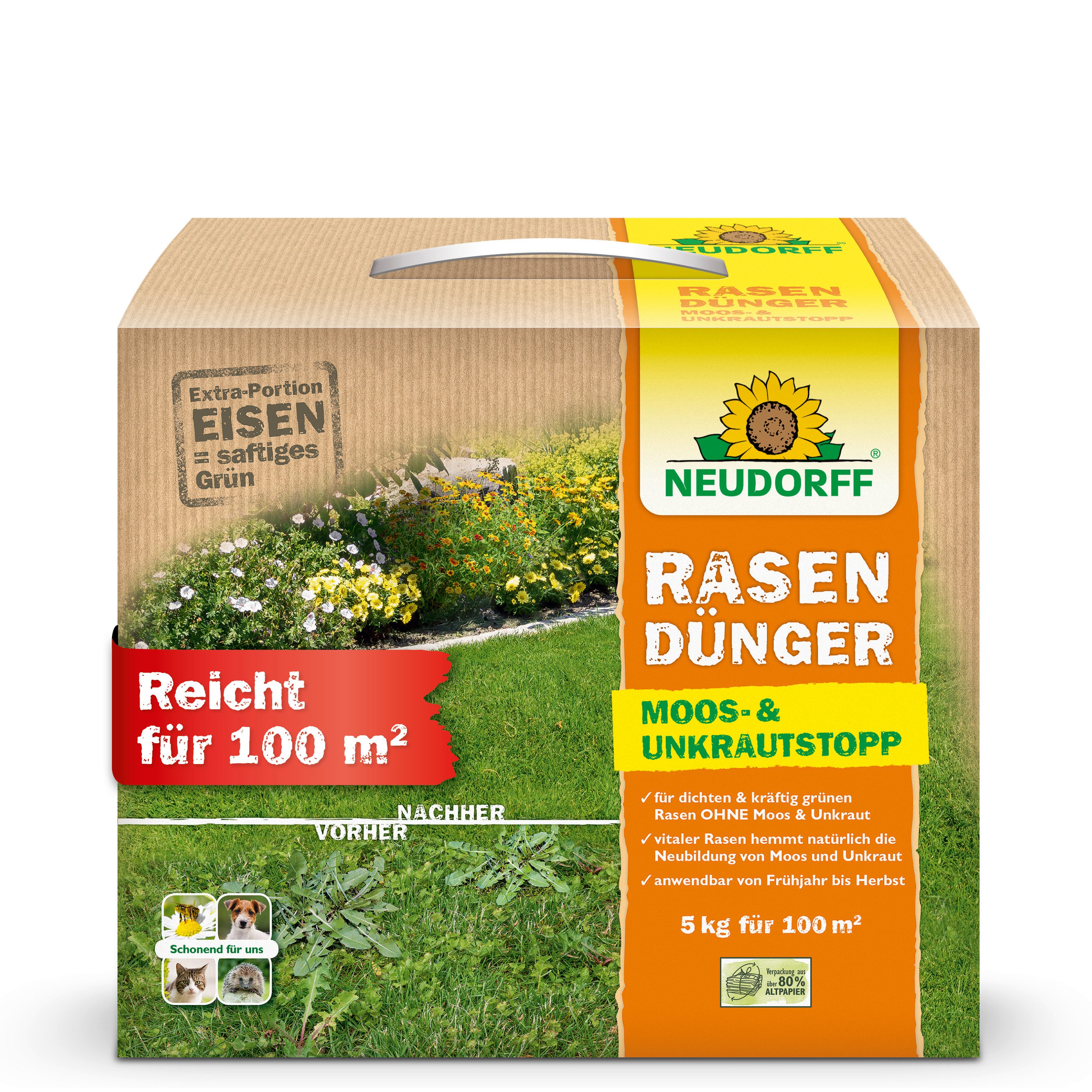 Neudorff Rasendünger RasenDünger Moos- & UnkrautStopp 5 kg, Feines Granulat für bis zu 100 m² Rasenfläche, Organisch-mineralischer NPK-Dünger mit 2,3 % Eisen, Extra Eisen für kräftiges Grün & dichten Rasen