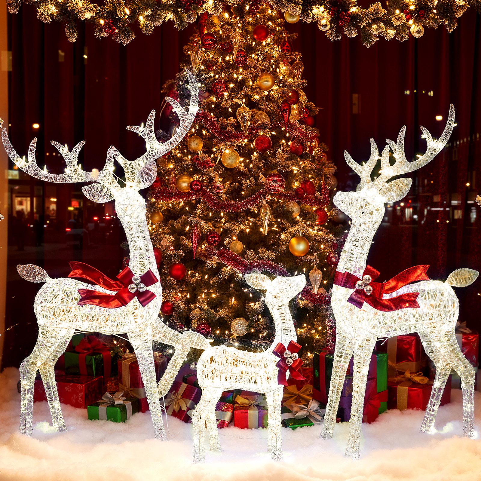 COSTWAY Weihnachtsfigur 3-tlg. LED Rentier Familie, Weihnachtsdeko mit 215 Lichtern