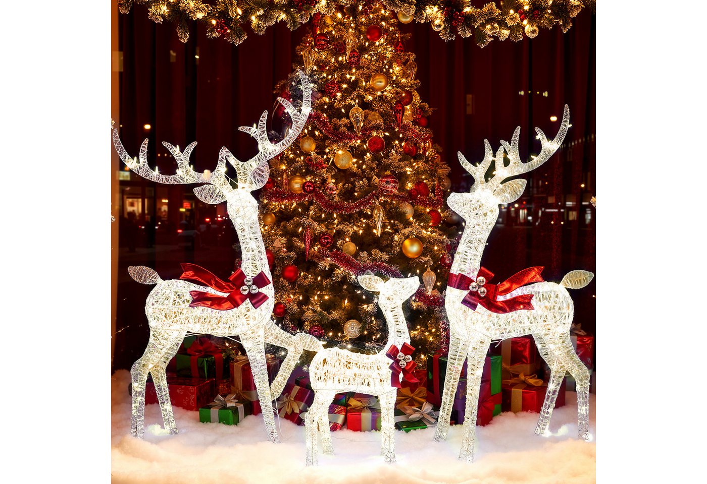 COSTWAY Weihnachtsfigur 3-tlg. LED Rentier Familie, Weihnachtsdeko mit 215 Lichtern