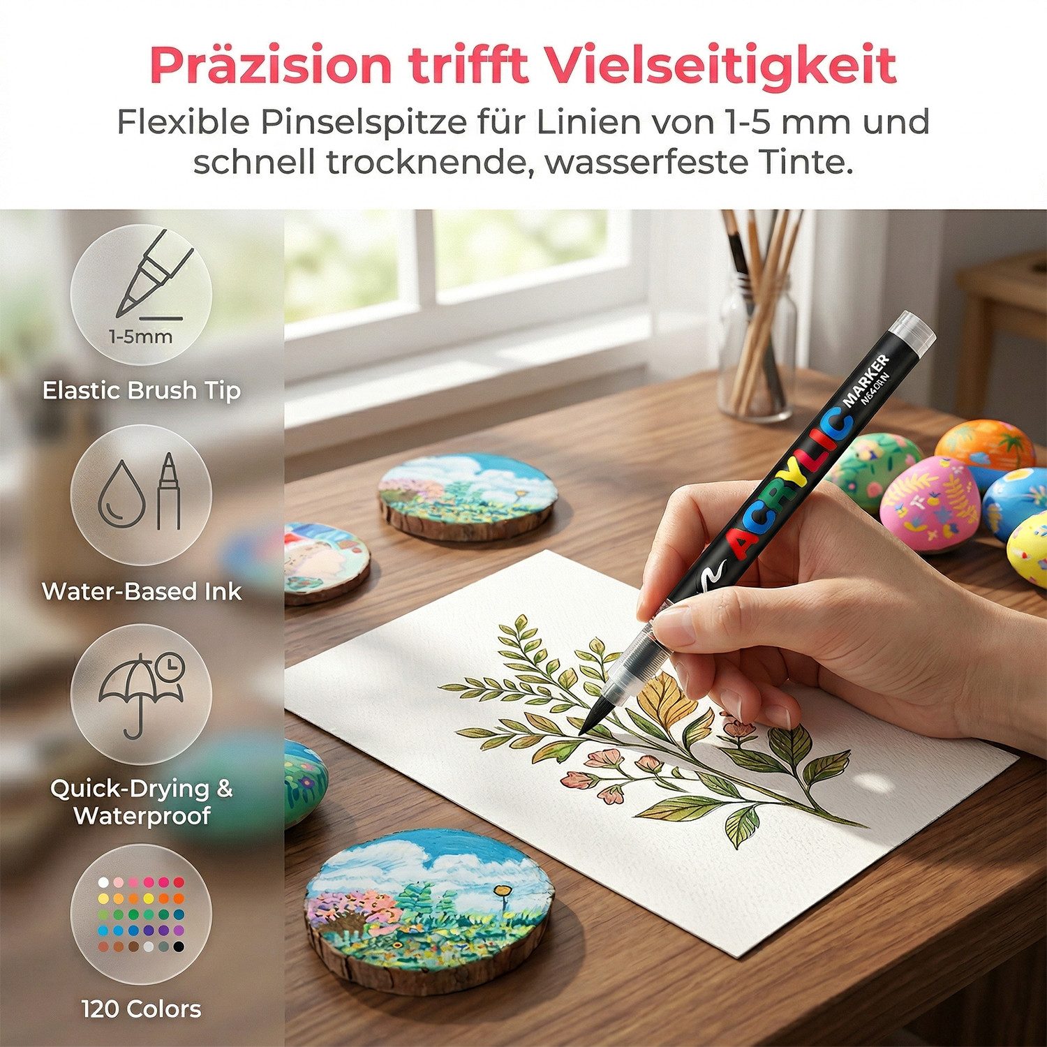 AKKEE Lackmarker Acrylstifte Set Farben wasserfest leuchtende, Marker, (120-tlg), für Papier Steine Glas Holz DIY Medium