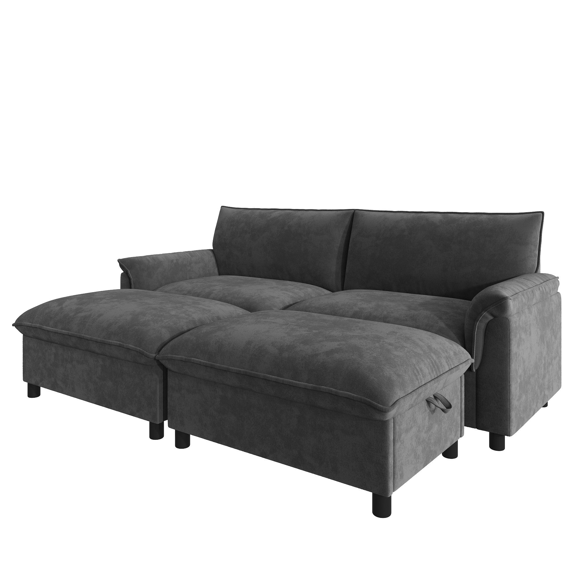 Refined Living Ecksofa Modulares Cloud Sofa, Ecksofa mit Deep Seat, Chenille, Stauraum-Hocker, 4-Sitzer + 2 Fußhocker, Schwarz, 216x77x82cm, Modulsofa Wohnzimmer, Chenille Bezug, Deep Seat 57cm, stabile Konstruktion, ideal für große Wohnzimmer, Familien und moderne Wohnräume, 1 Teile, modulare Kombination, zwei Stauraum-Hocker, Sofa-zu-Bett Funktion