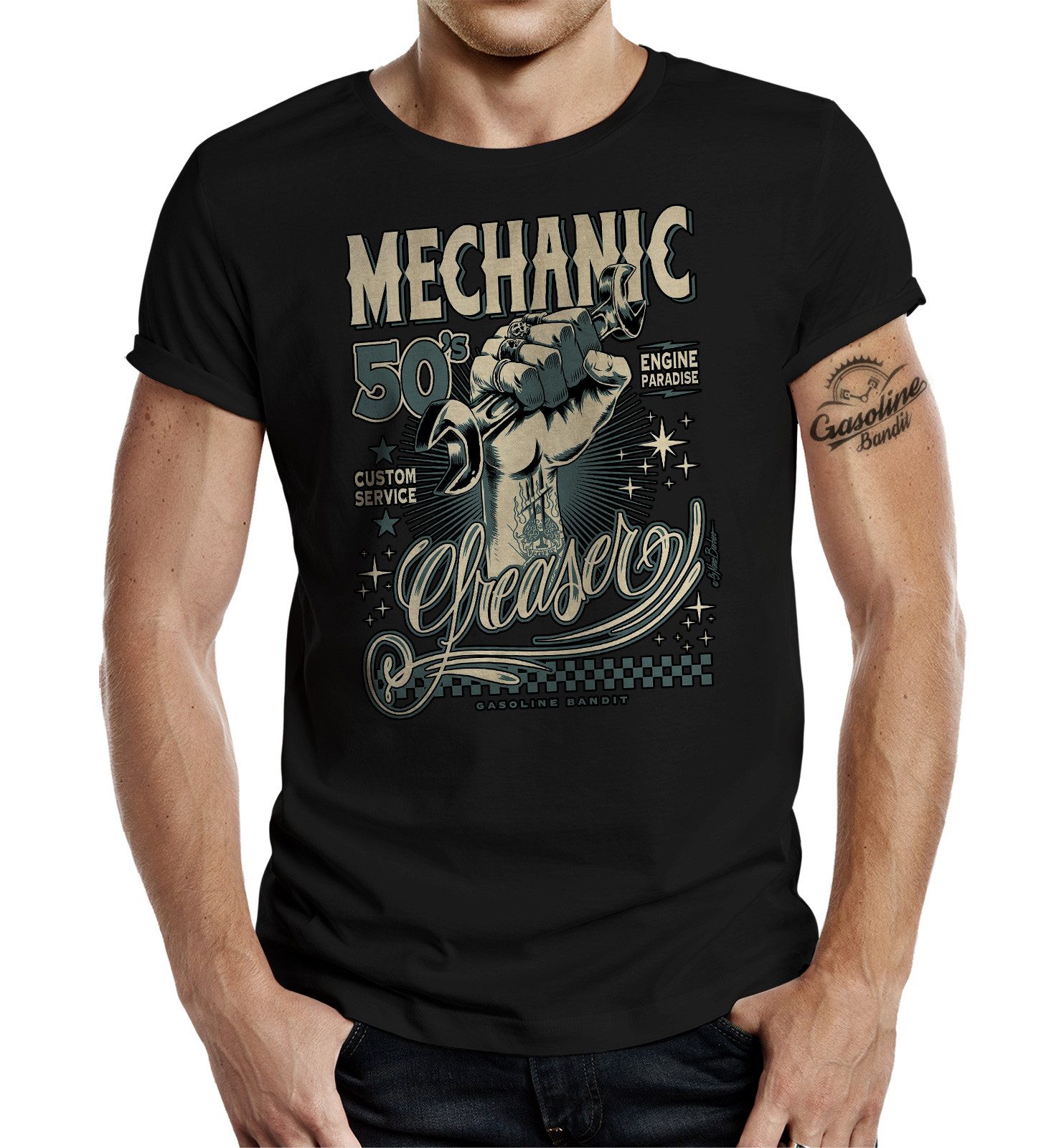 GASOLINE BANDIT® T-Shirt für Rockabilly Biker: Engine Paradise