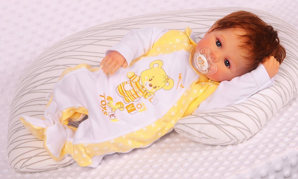 La Bortini Strampler Stramplerhose Shirt Mütze Baby Anzug in Weiß Gelb mit Bärchen aus reiner Baumwolle, 44 50 56 62 68 74