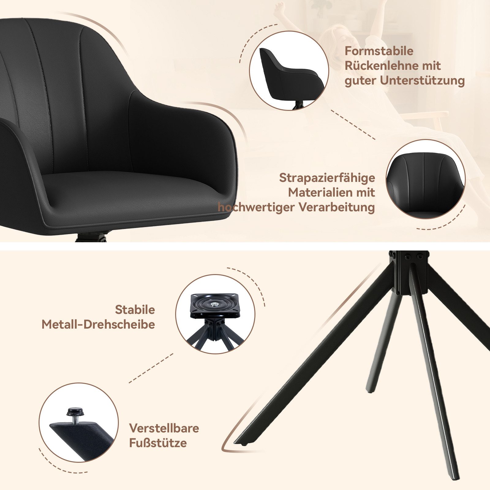HawthyHome Polsterstuhl 360° drehbar mit Armlehne und Metallbeinen, 4-Fußstuhl (2 St), Moderner Küchenstuhl Esszimmerstuhl für Wohnzimmer & Büro – Bild 5 von 5