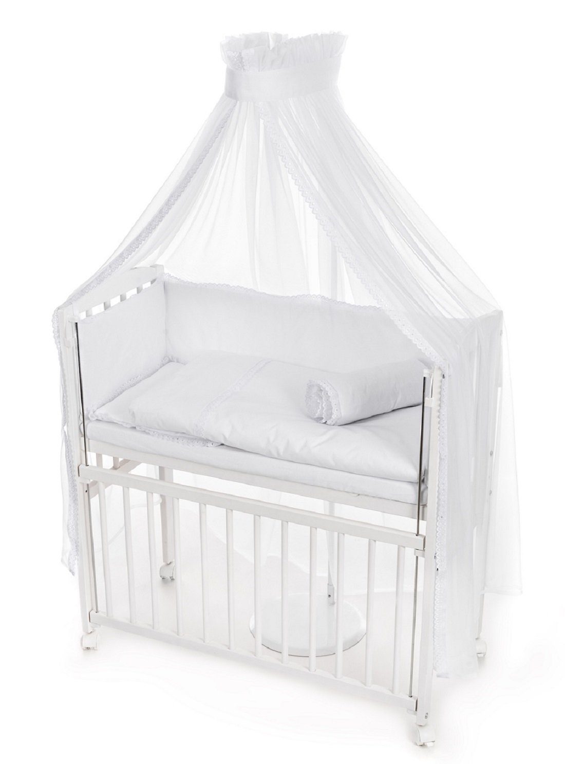 Babyhafen Beistellbett Mobiles Babybett 40x90 mit Rollen komplett Matratze Weiß Kiefer, Bettwäsche mit Spitze