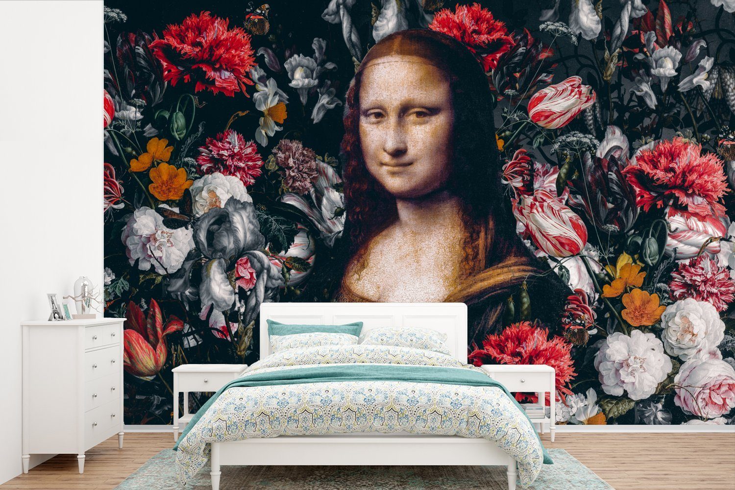 MuchoWow Fototapete Mona Lisa - Da Vinci - Blumen - Gemälde, Matt, bedruckt, (6 St), Wallpaper für Wohnzimmer, Schlafzimmer, Kinderzimmer, Vinyl Tapete