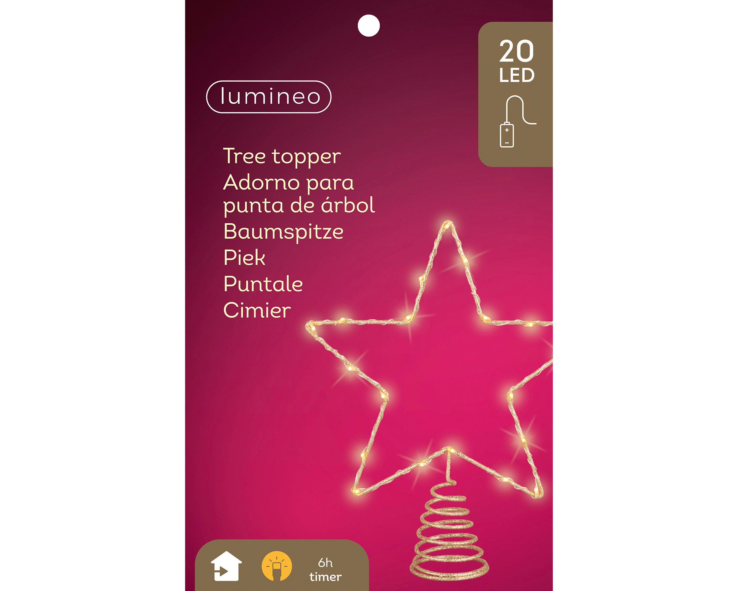 Lumineo Christbaumspitze, LED Christbaumspitze Stern mit Timer 27cm Metall Gold / Klassisch Warm