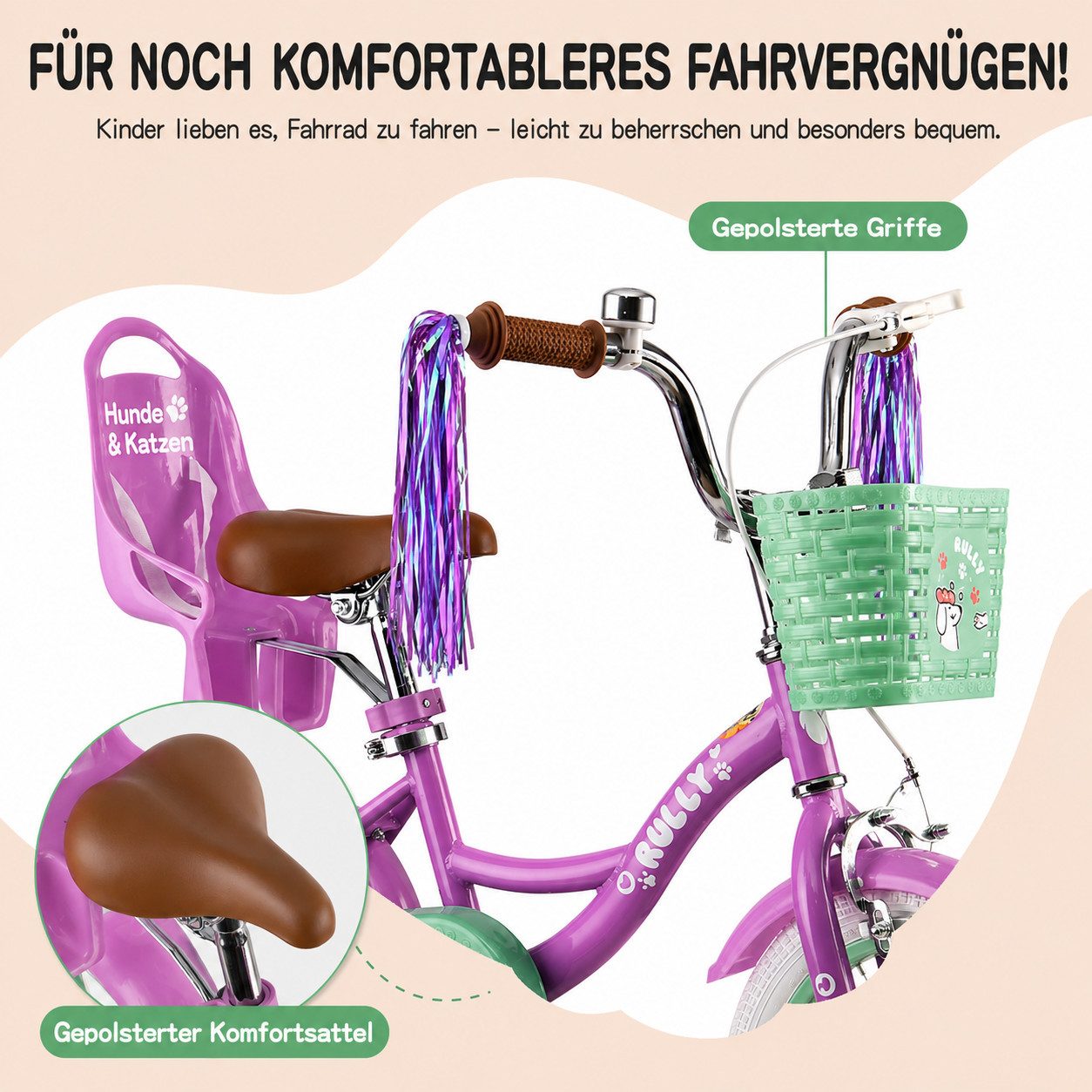 RULLY Kinderfahrrad Kinderfahrrad Mädchen 12/14/16 Zoll für 2–7 Jahre, 1 Gang, Mit Korb, Puppensitz, Stützrädern, Schutzblech & Klingel