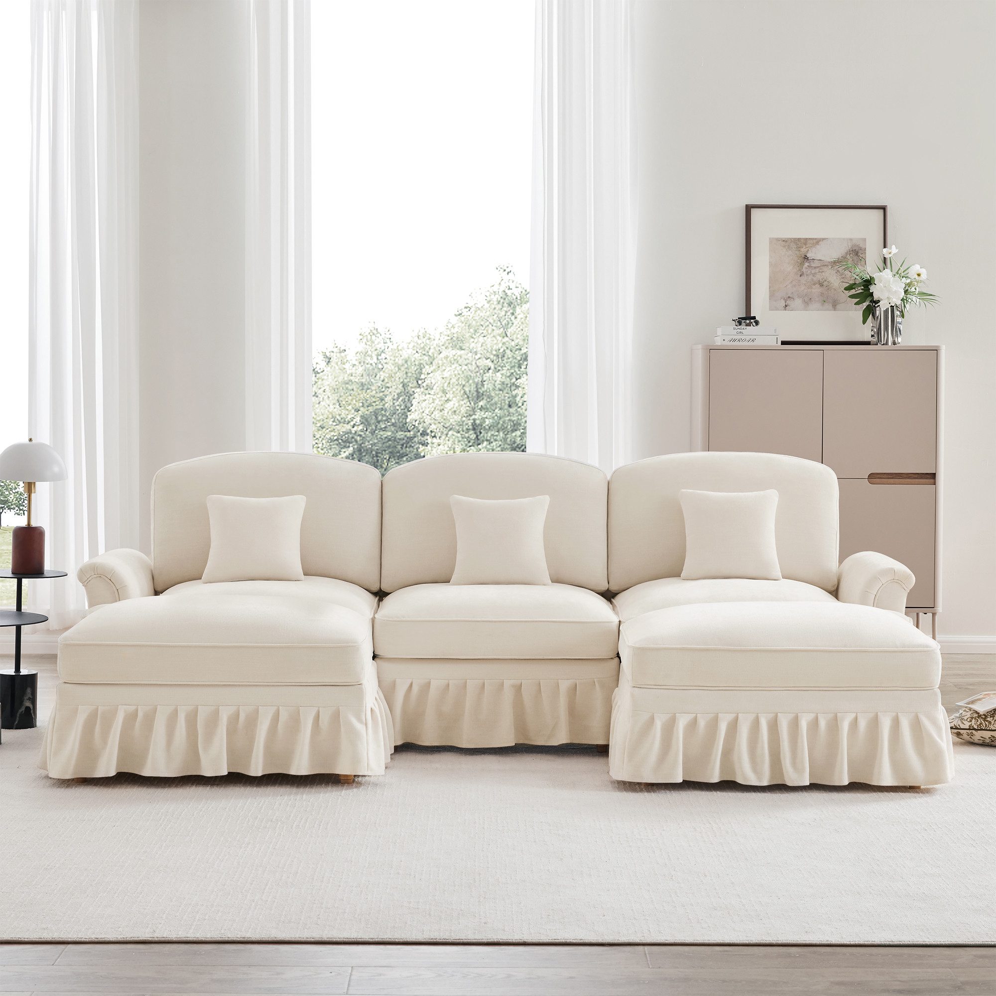 i@home Sofa Klassisches Sofa aus Chenille mit Trichter-Armlehnen, abnehmbarer Rüschenschürze,spindelförmigen Beinen & beweglichem Hocker, Weiches Cloud-Sofa fürs Wohnzimmer