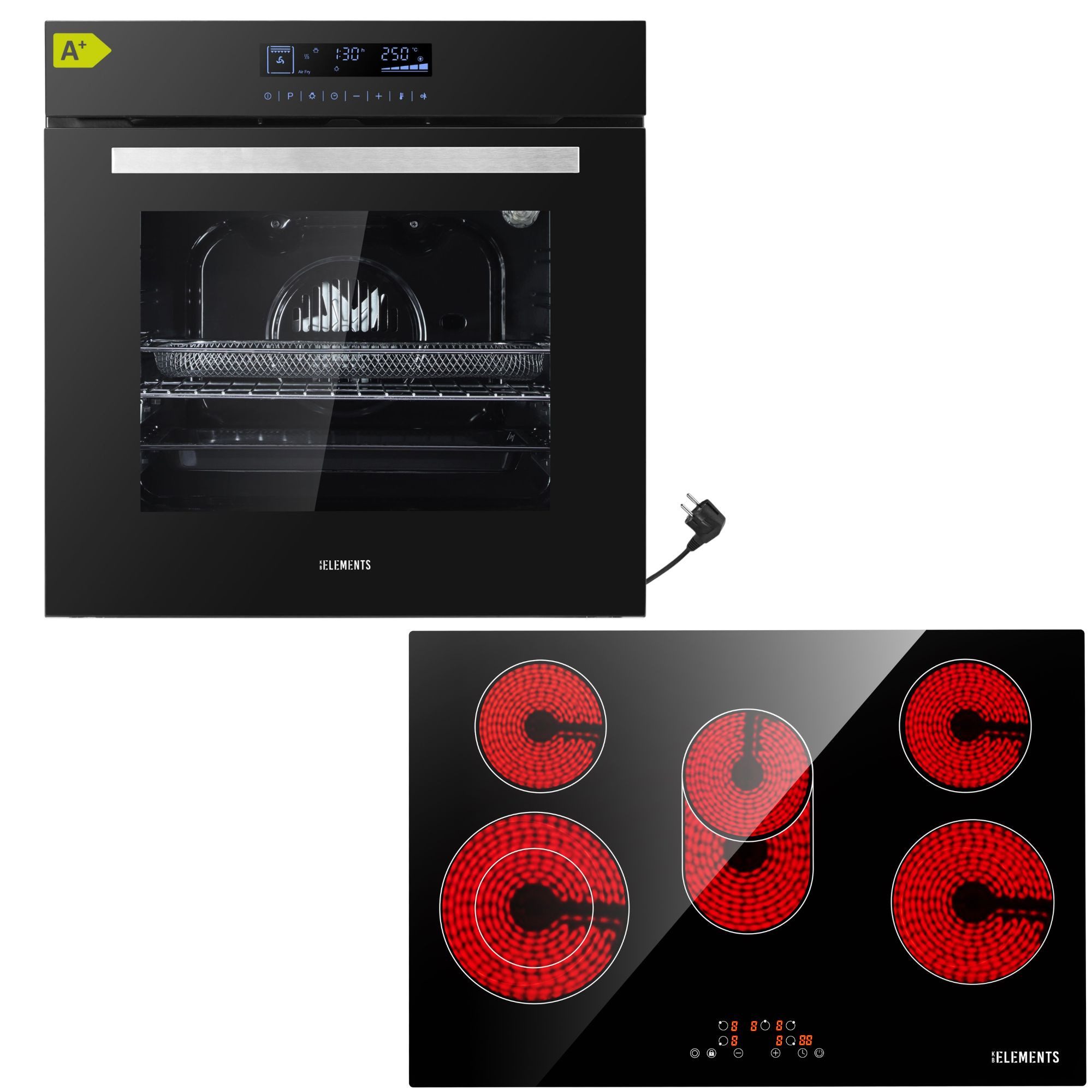 KB Elements Elektro-Herd-Set Einbaubackofen 60 cm mit 5-Zonen Glaskeramik Kochfeld 77 cm, mit 2-fach-Teleskopauszug, AQUA CLEAN, Einbaubackofen Full Touch mit 15 Funktionen, Air Fry Funktion