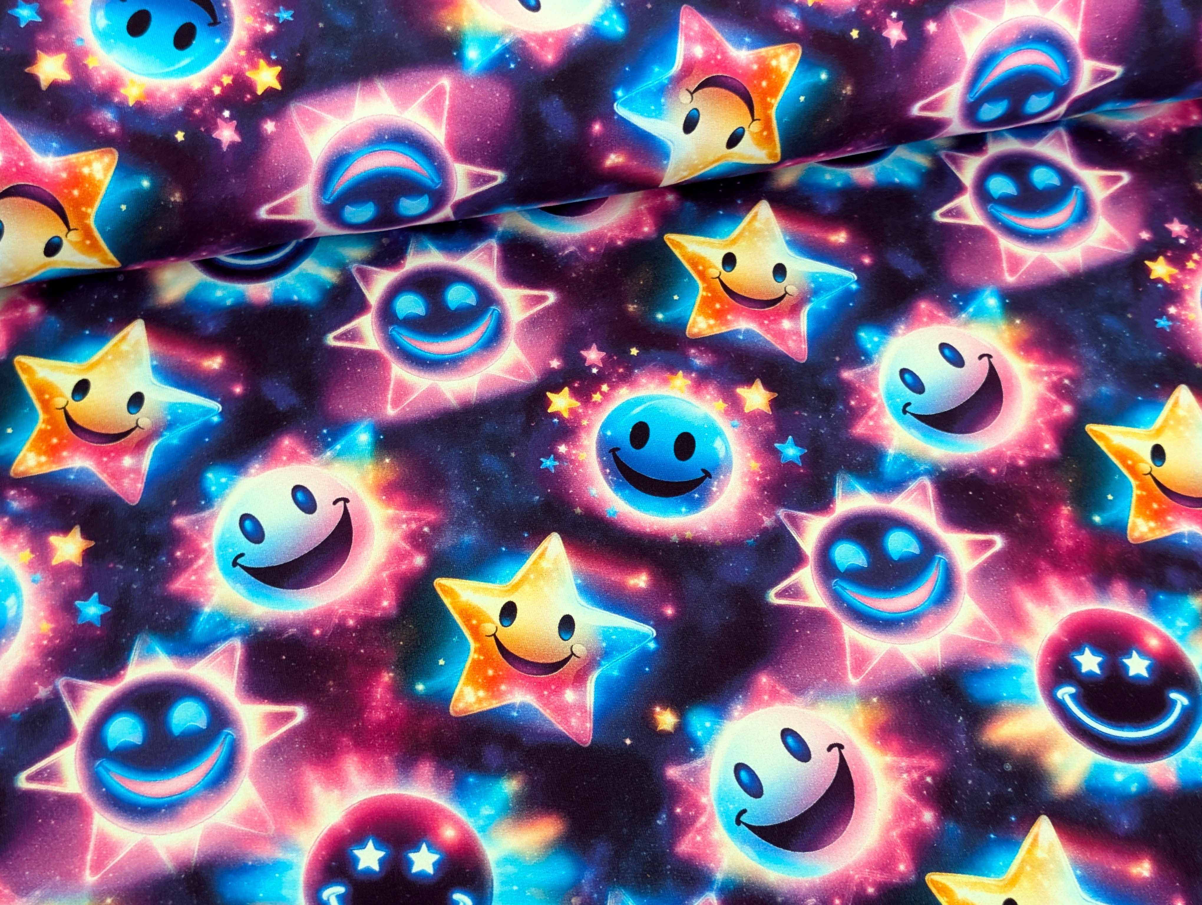 Corileo Stoff French Terry Leuchtende Smileys auf Schwarz Stoff Meterware, Eigenproduktion