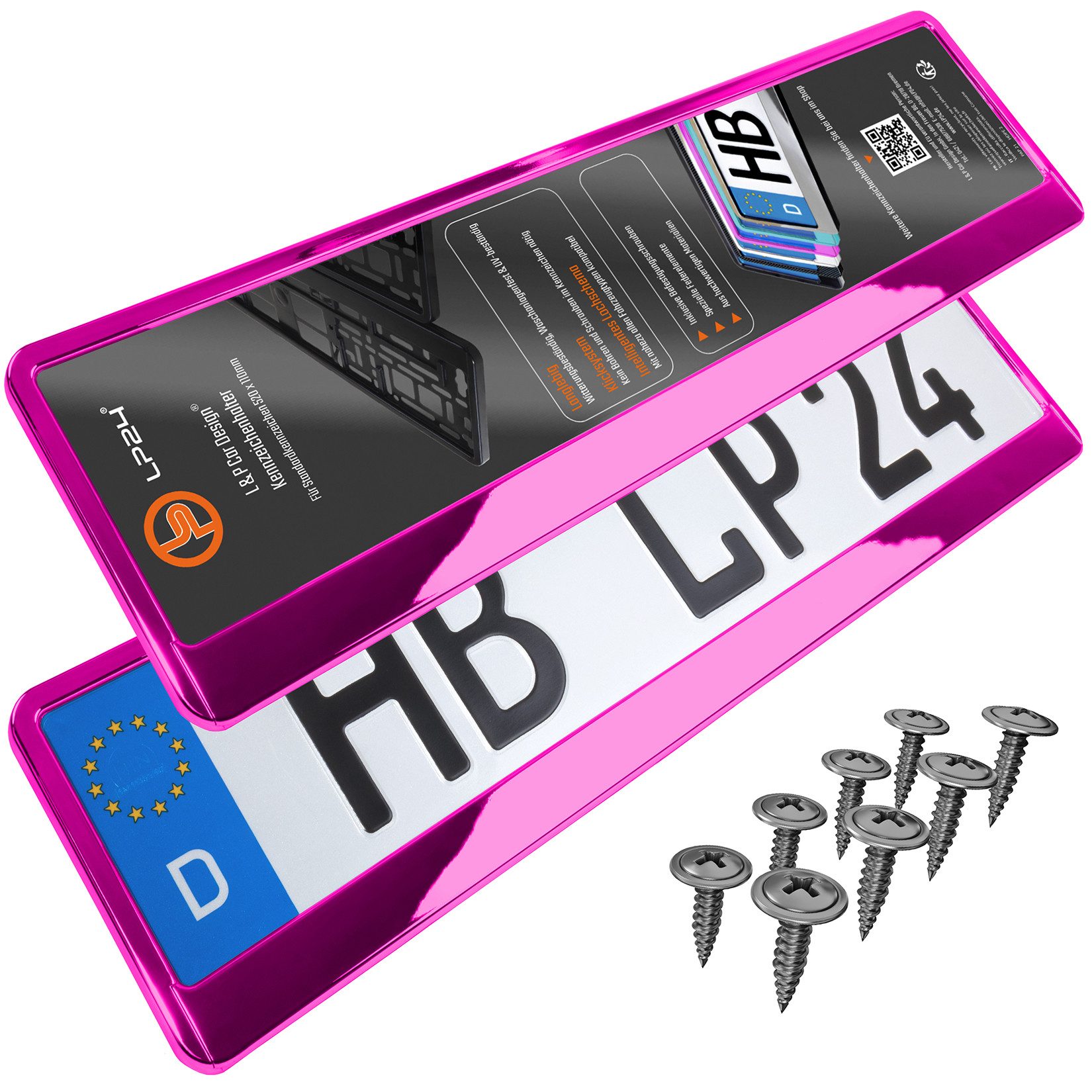 L & P Car Design Kennzeichenhalter für Auto Pink-Chrom Kennzeichenhalterung, (2 Stück)