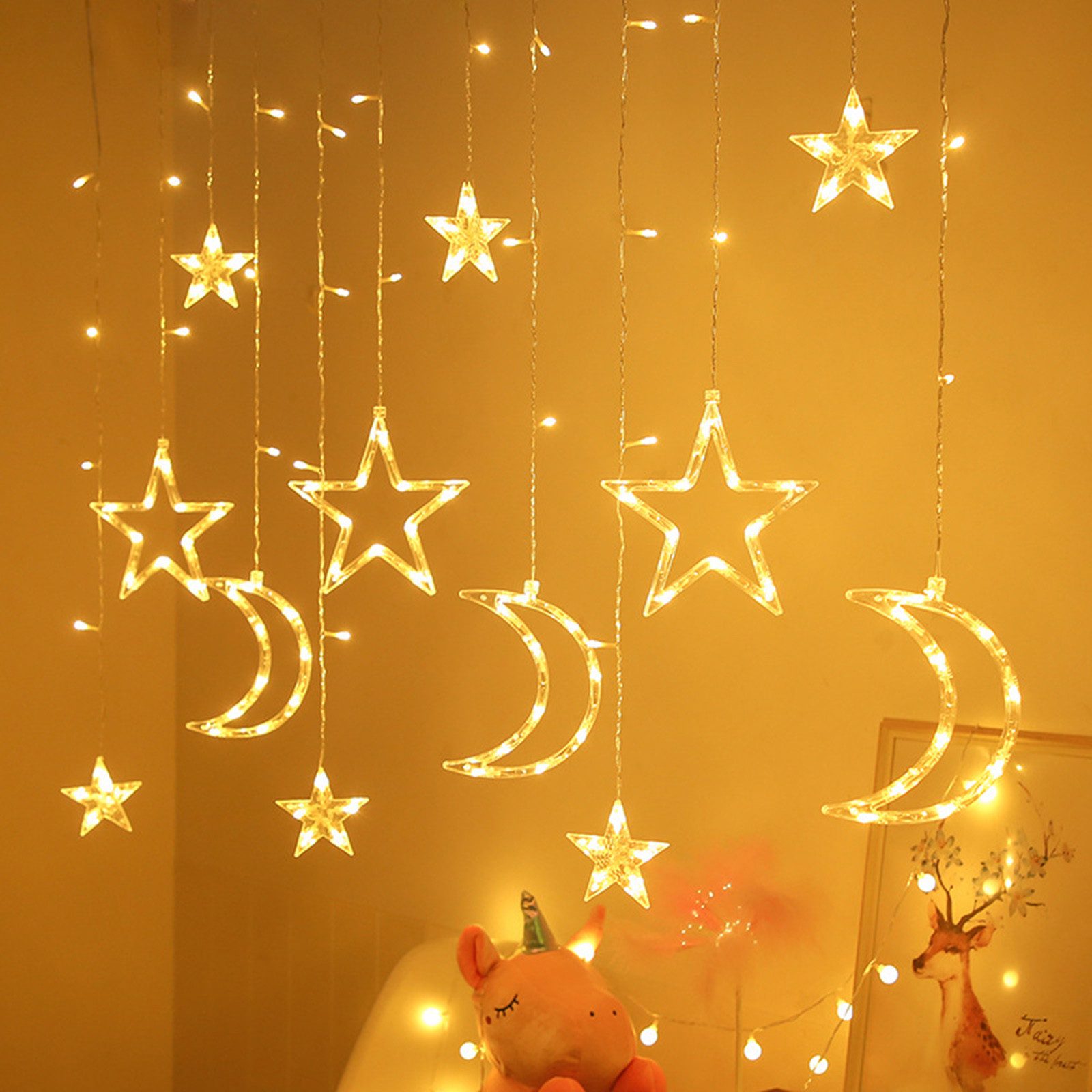 Jibenhome Lichtervorhang 3M LED Mond und Stern Vorhanglicht Batteriebetrieben LED Lichterkette