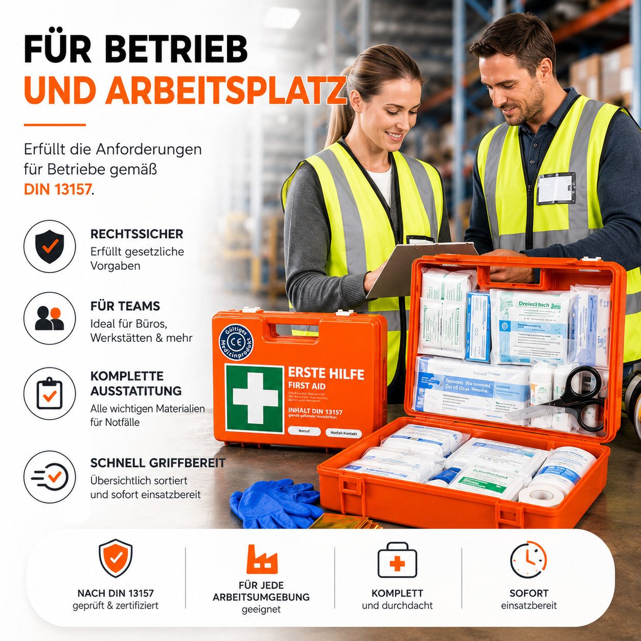 toolmate® Erste-Hilfe-Koffer Erste-Hilfe-Koffer DIN 13157:2021 mit Wandhalterung, orange, (Set), DIN 13157:2021 – Bild 3 von 5