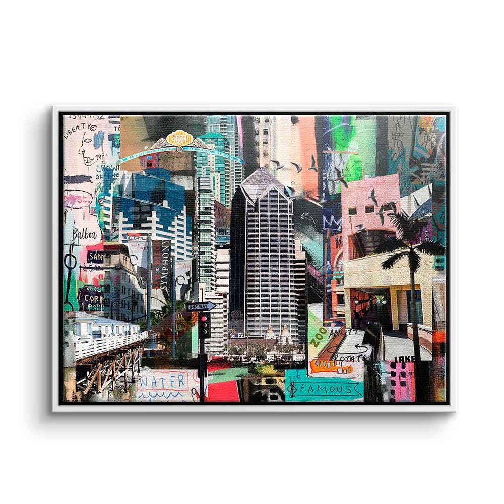 DOTCOMCANVAS® Leinwandbild, Leinwandbild Pop Art Standlandschaft San Diego mit premium Rahmen weißer Rahmen