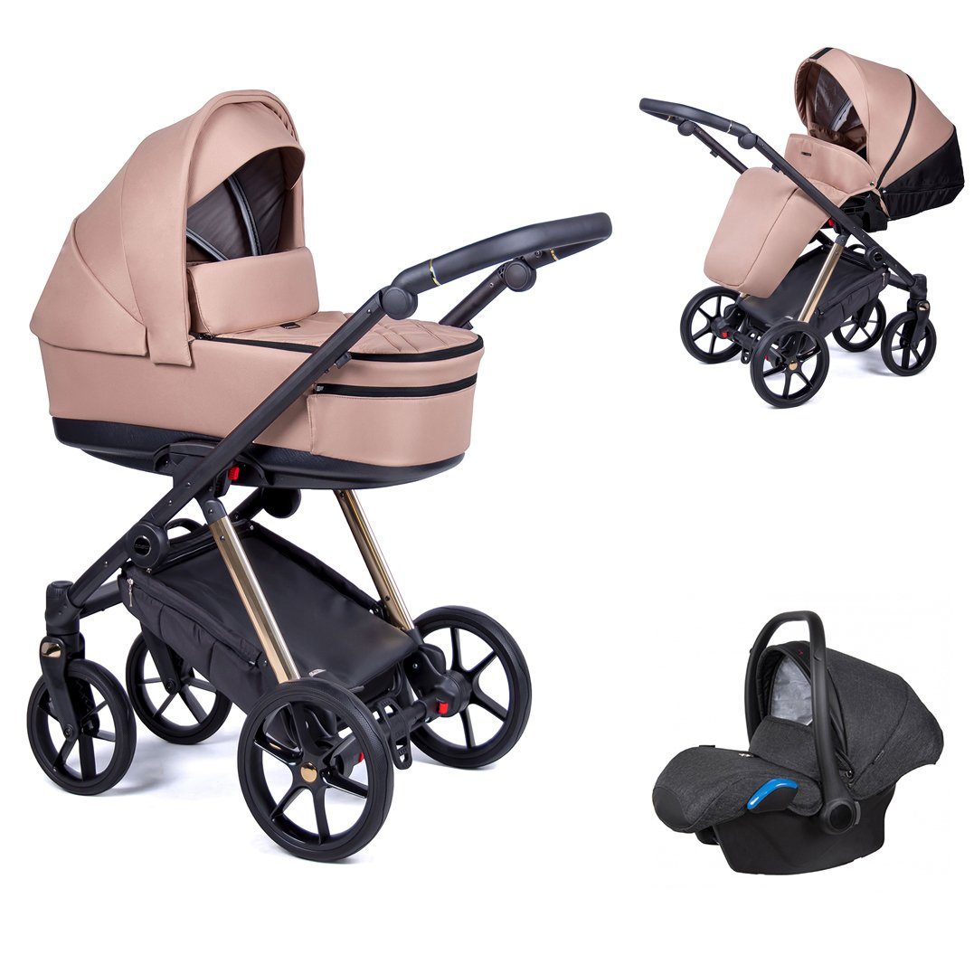 babies-on-wheels Kombi-Kinderwagen 3 in 1 Kinderwagen-Set Axxis - 15 Teile - in 24 Designs Beige = Gestell gold