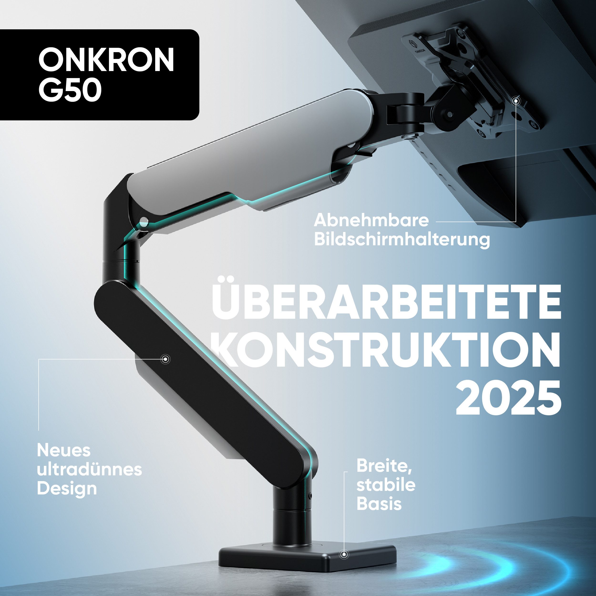 ONKRON Monitor-Halterung 13-32 Zoll, bis 8 kg, VESA 75x75-100x100, (bis 34 Zoll, neigbar, schwenkbar, drehbar, Gasdruckfeder, Kabelmanagement)