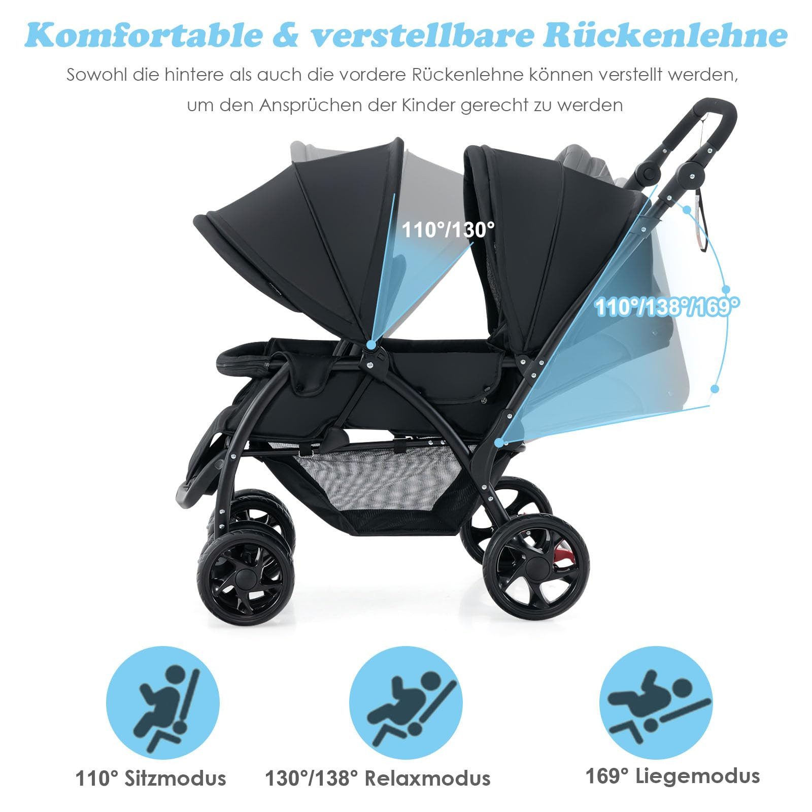 COSTWAY Geschwisterwagen Zwillingsbuggy, mit 5-Punkt Gurt & Einkaufskorb