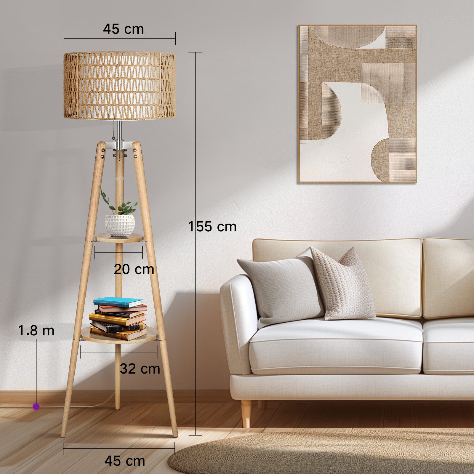 OUTON LED Stehlampe Stehlampe Dimmbar Rattan Akazienholz 2 Ablageflächen Fernbedienung, LED wechselbar, mit doppeltem Schirm und intelligentem Licht