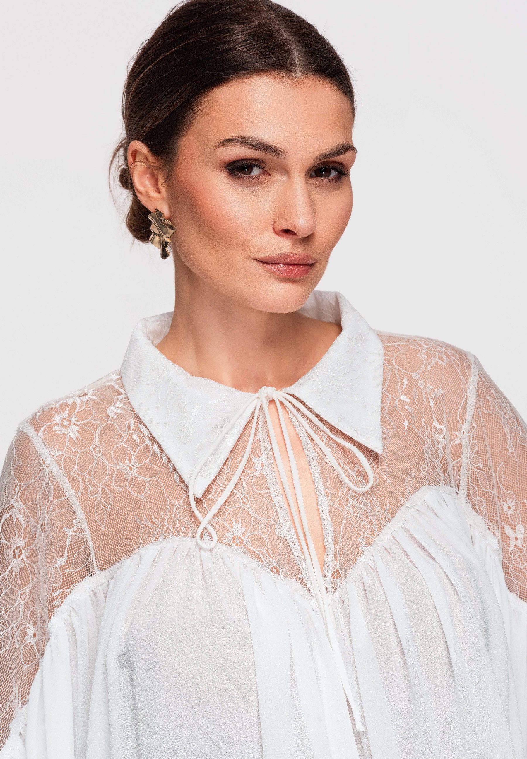 OMBRE Spitzenbluse Damenbluse mit Spitzenoberteil und locker fallender Silhouette