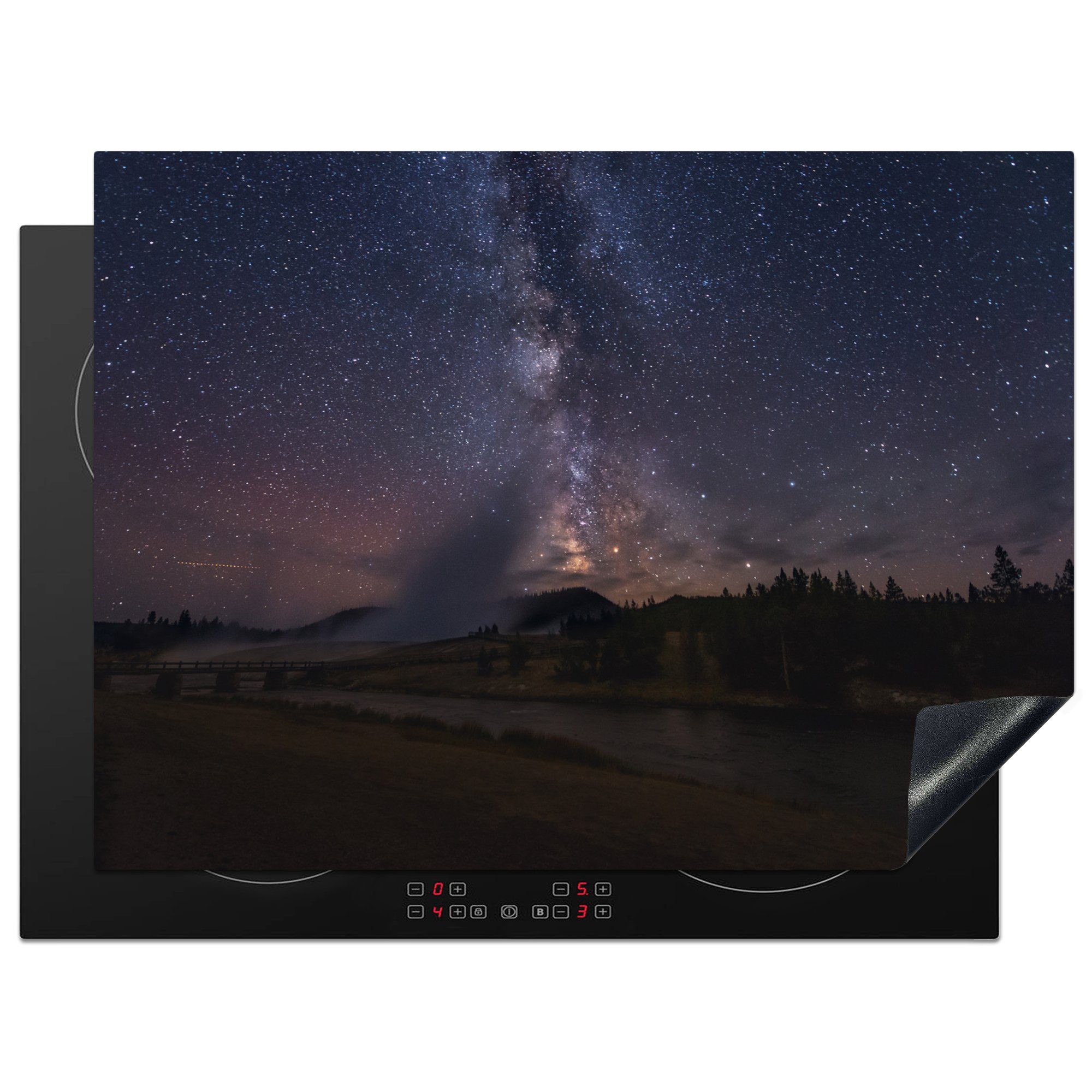 MuchoWow Herdblende-/Abdeckplatte Der wunderschöne Sternenhimmel über dem Yellowstone National Park, Vinyl, (1 tlg), 70x52 cm, Mobile Arbeitsfläche nutzbar, Ceranfeldabdeckung