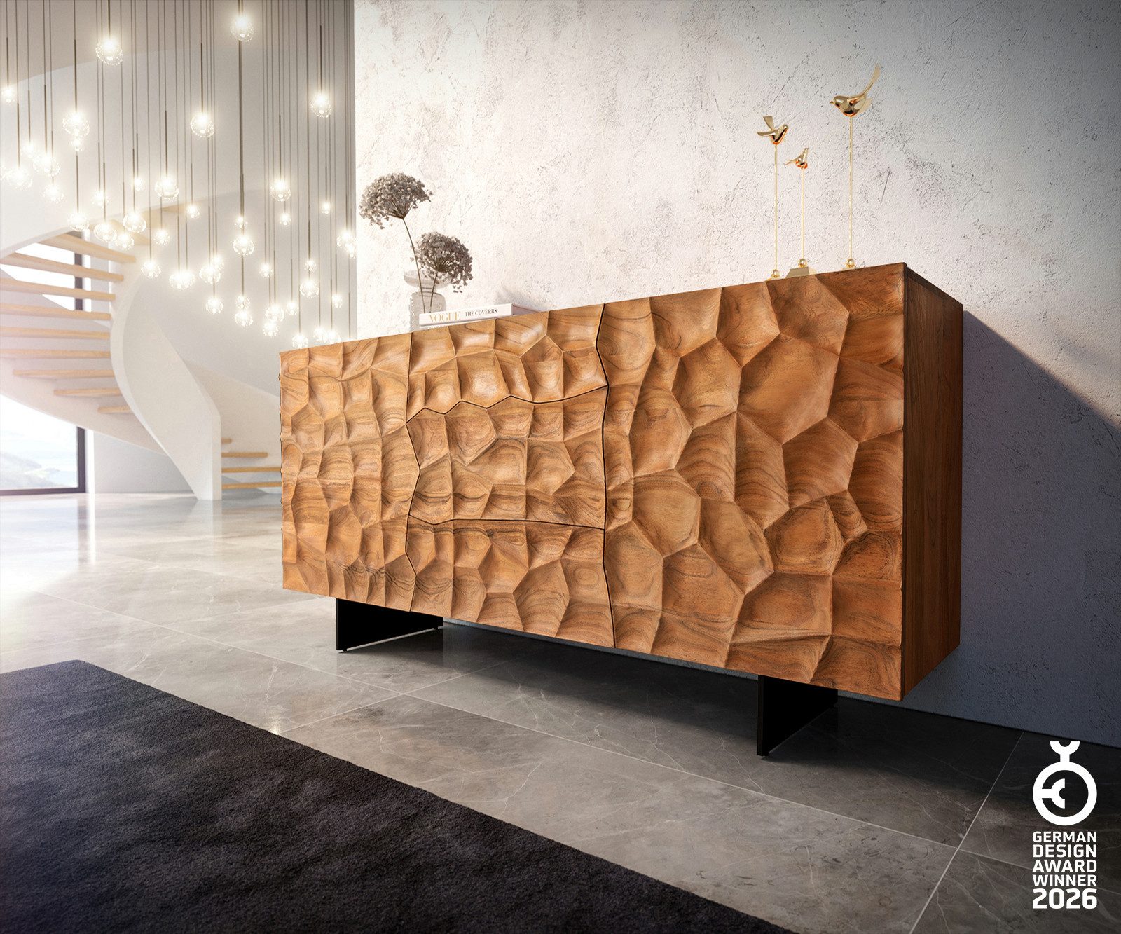 DELIFE Sideboard Solu, Akazie Natur 175 cm 2 Türen 3 Schübe Sideboard 3D-Front