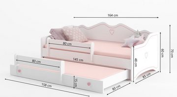 Kids Collective Kinderbett Mädchenbett 80x160 mit Ausziehbett & zwei Matratzen Kinderbett, Jugendbett Funktionsbett mit Rausfallschutz, Prinzessin weiß rosa