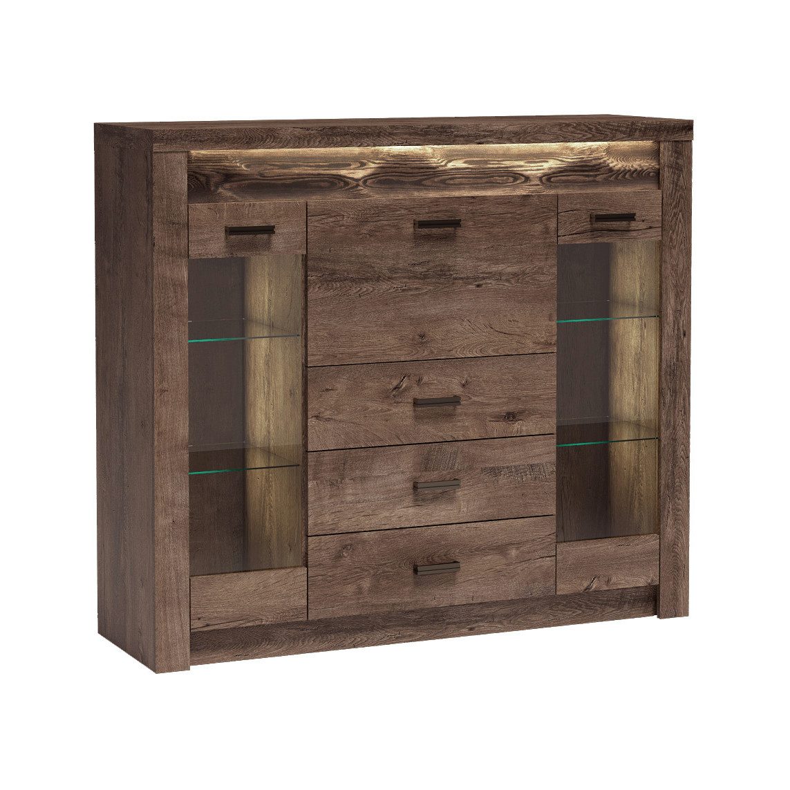 Beautysofa Kommode POLIS I-8 mit Glasfronten, LED-Beleuchtung – Wohnzimmer-Vitrine mit Barfach und Schubladen