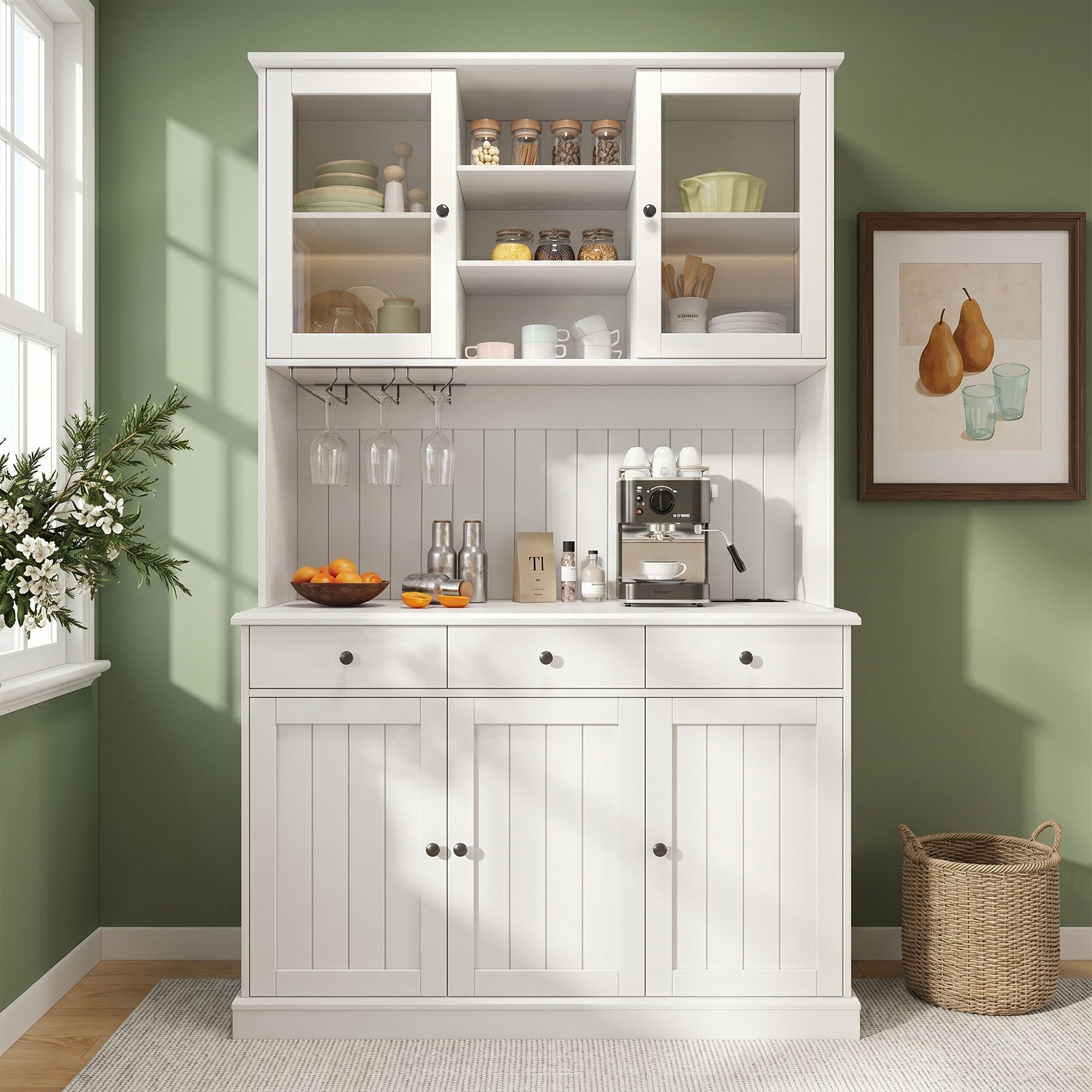 KLAM HOME Küchenbuffet Weißer Esszimmer-Hochschrank mit Glastüren und Ladeanschlüssen (Buffetschrank 120×40×191cm mit Steckdosen, USB-A & USB-C) Stauraumreicher Küchenschrank mit verstellbaren Glasböden