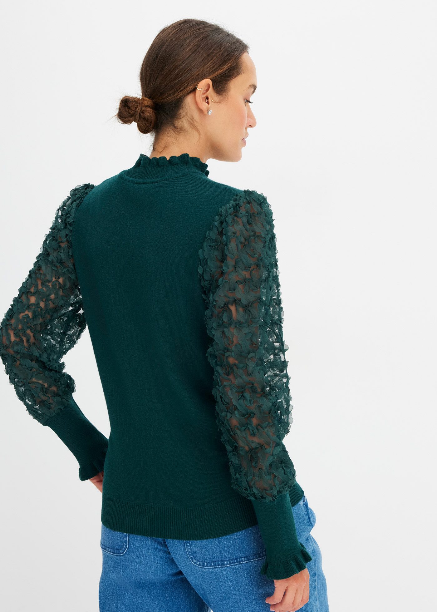 bonprix Stehkragenpullover Viskose-Mix, Kragen + Ärmel mit gewellter Kante, transparente Ärmel